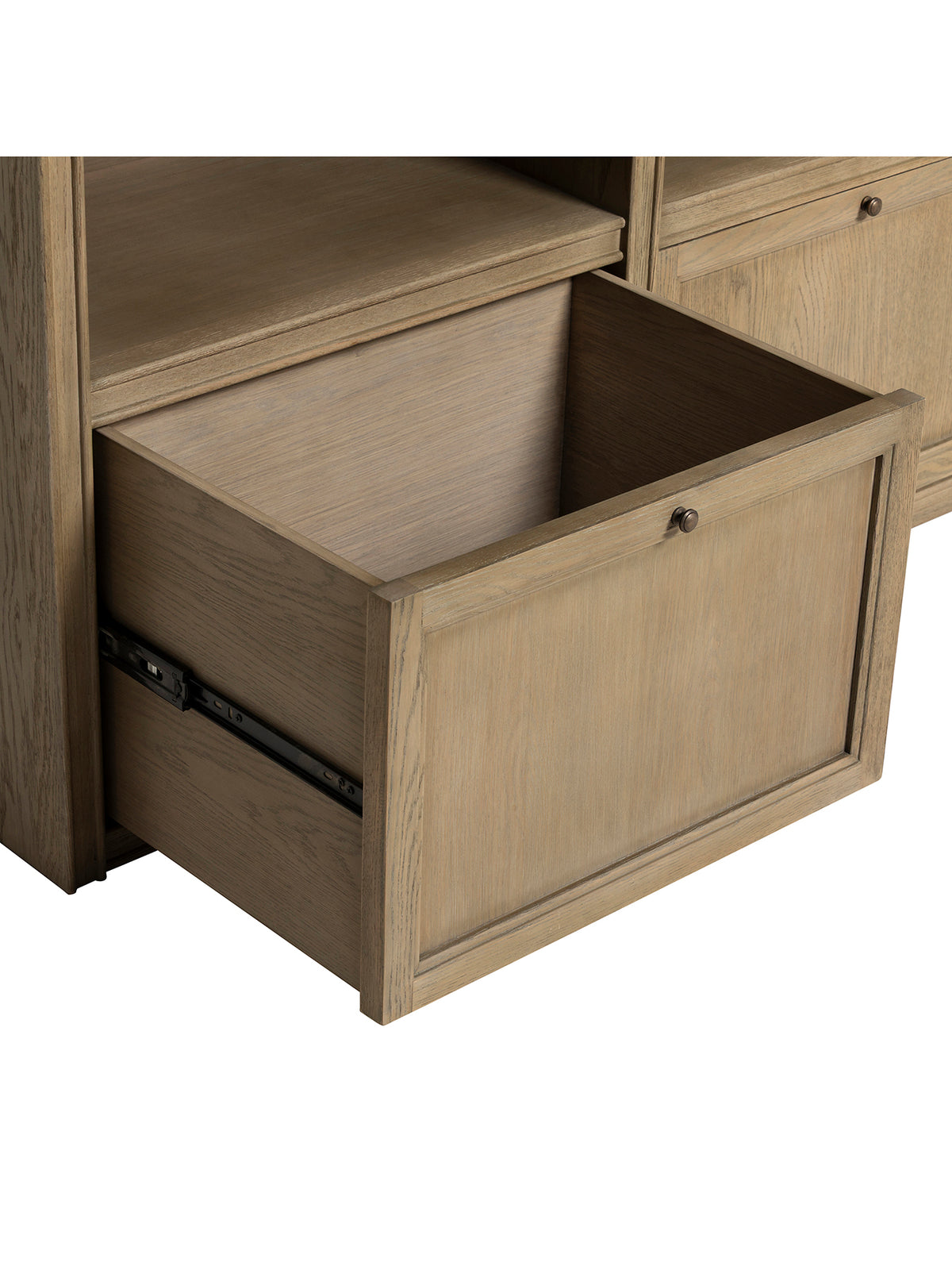 Culver Grey Oak Wood 240Cm Shelf Unit With Open Shelves, Glass-Front Cabinets, Lower Drawers And Sliding Ladder
