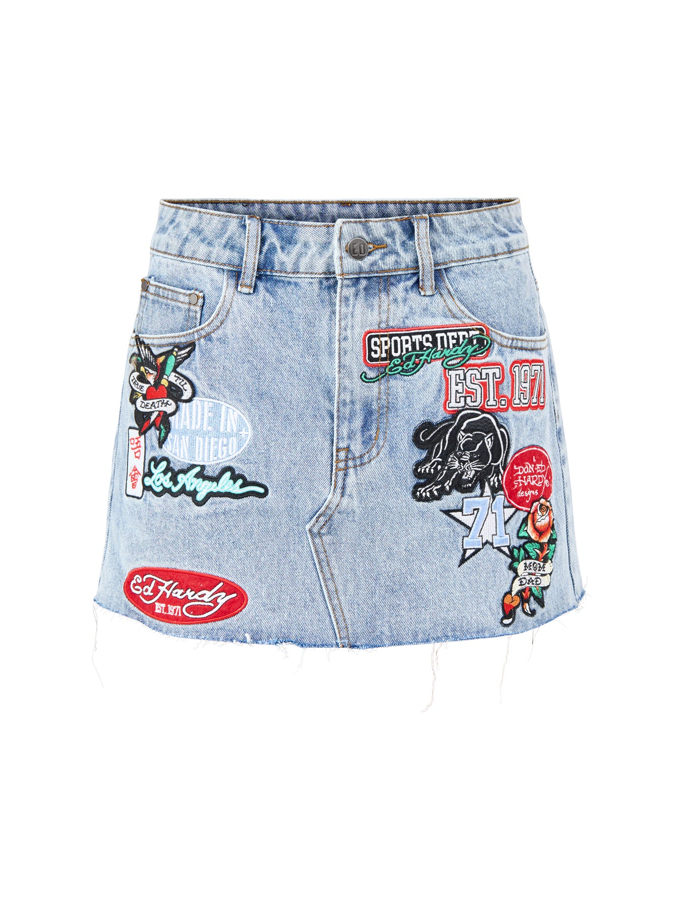 Multi Badge Tattoo Denim Mini Skirt Blue