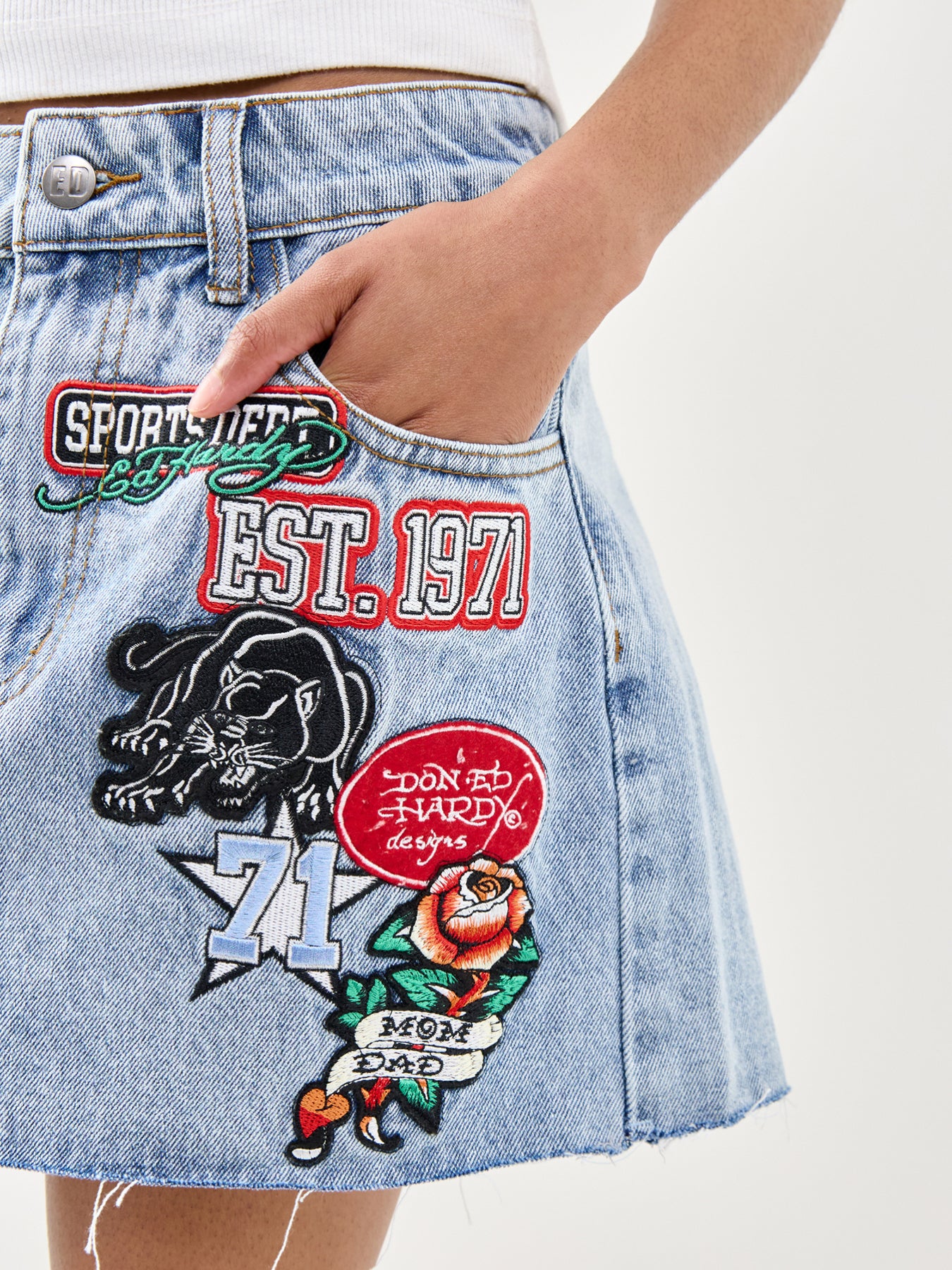 Multi Badge Tattoo Denim Mini Skirt Blue