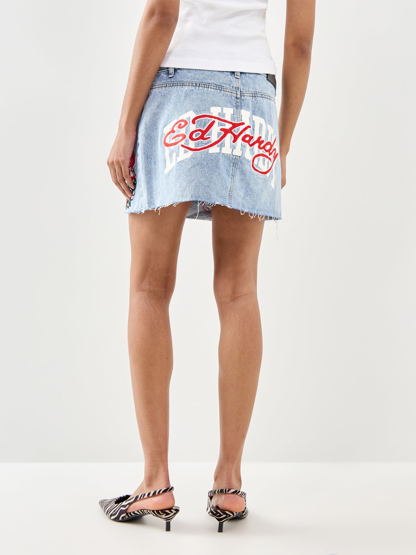 Multi Badge Tattoo Denim Mini Skirt Blue