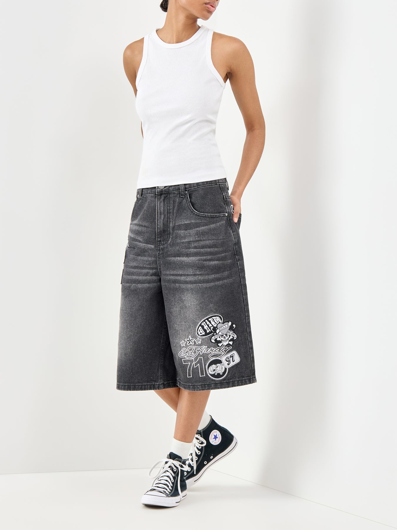 Multi Badge Tattoo Denim Jorts Black
