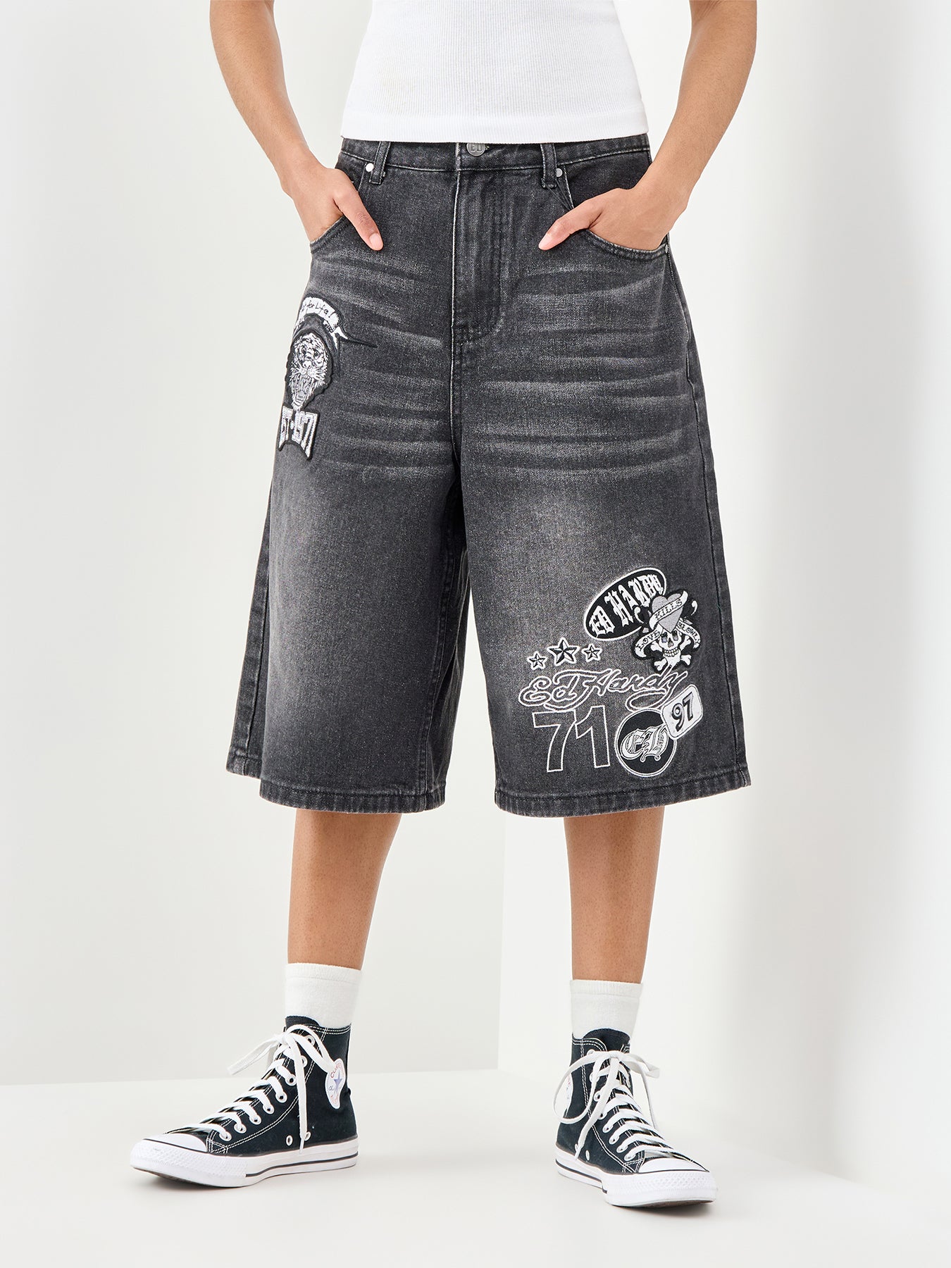 Multi Badge Tattoo Denim Jorts Black