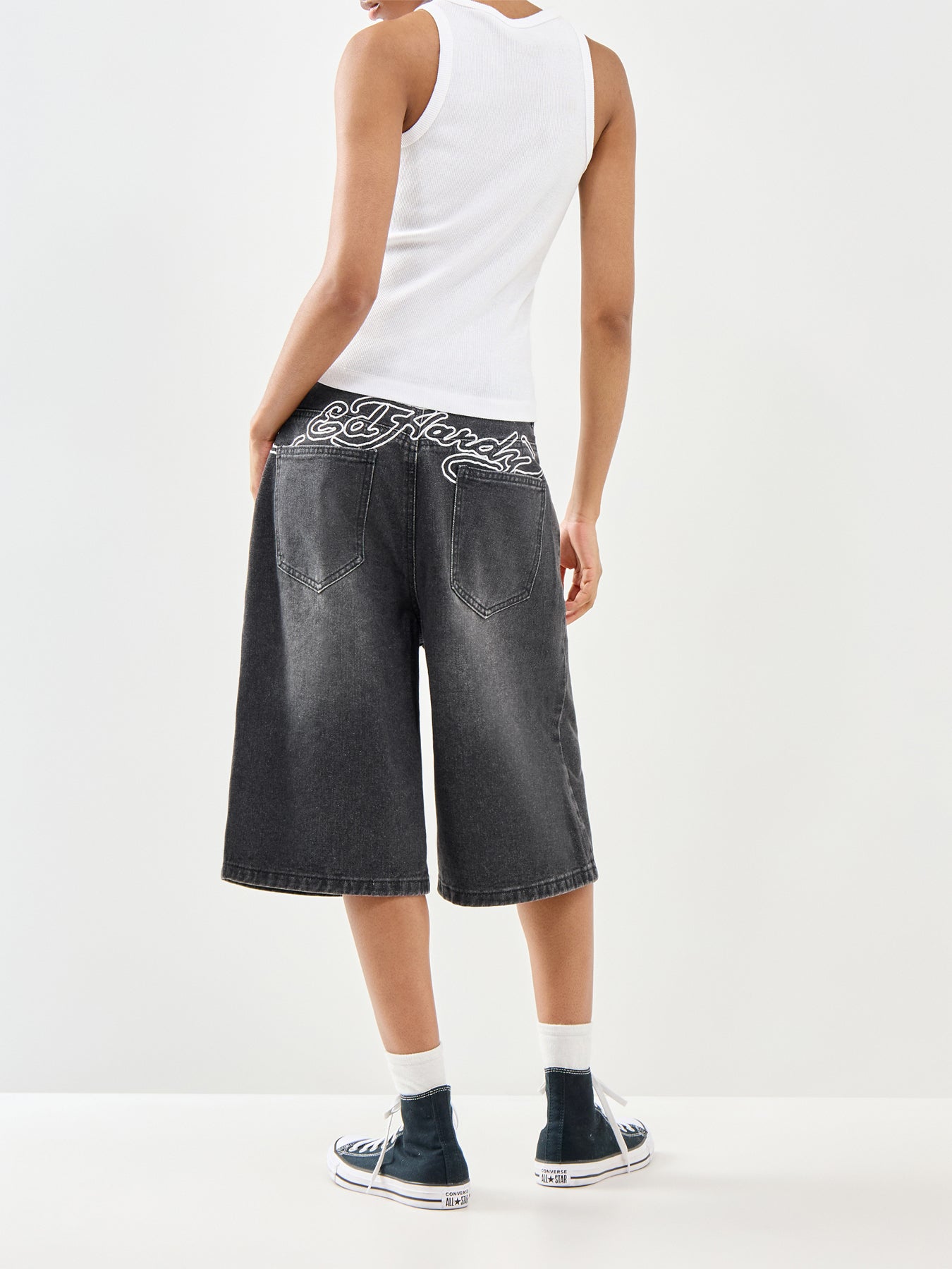Multi Badge Tattoo Denim Jorts Black