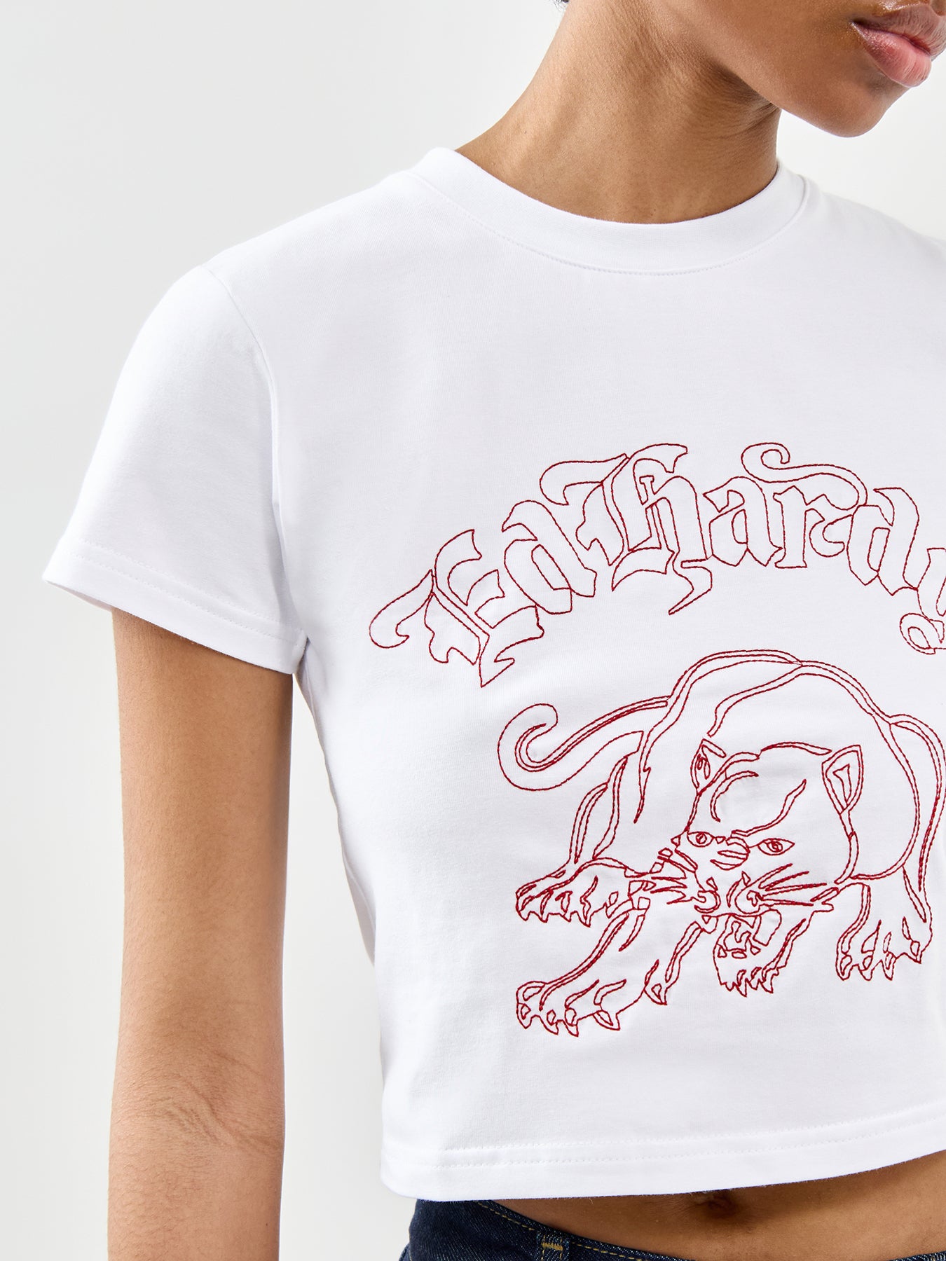 Panther Embroidered Baby Tee White