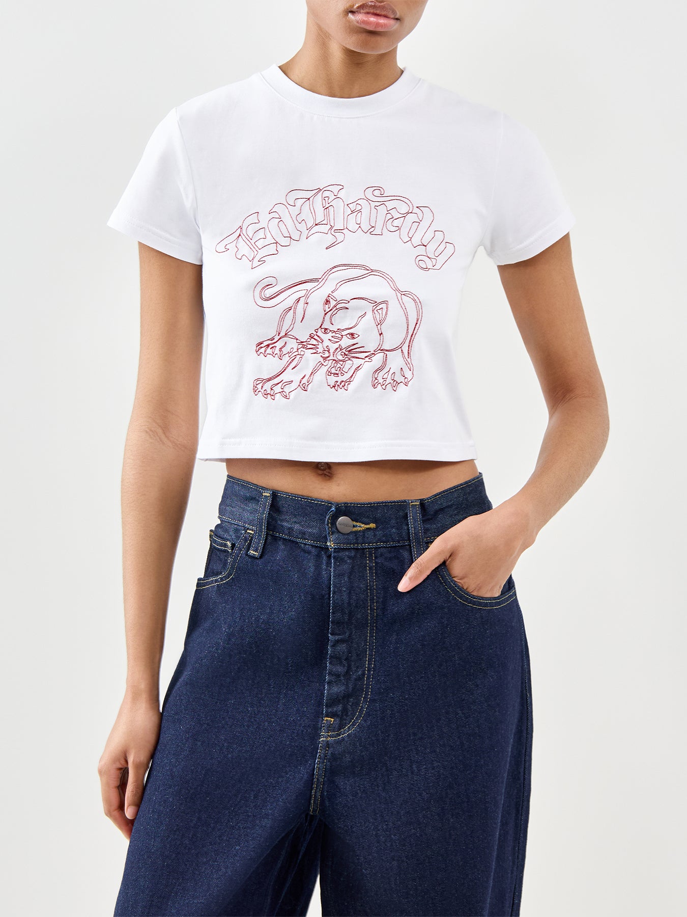 Panther Embroidered Baby Tee White