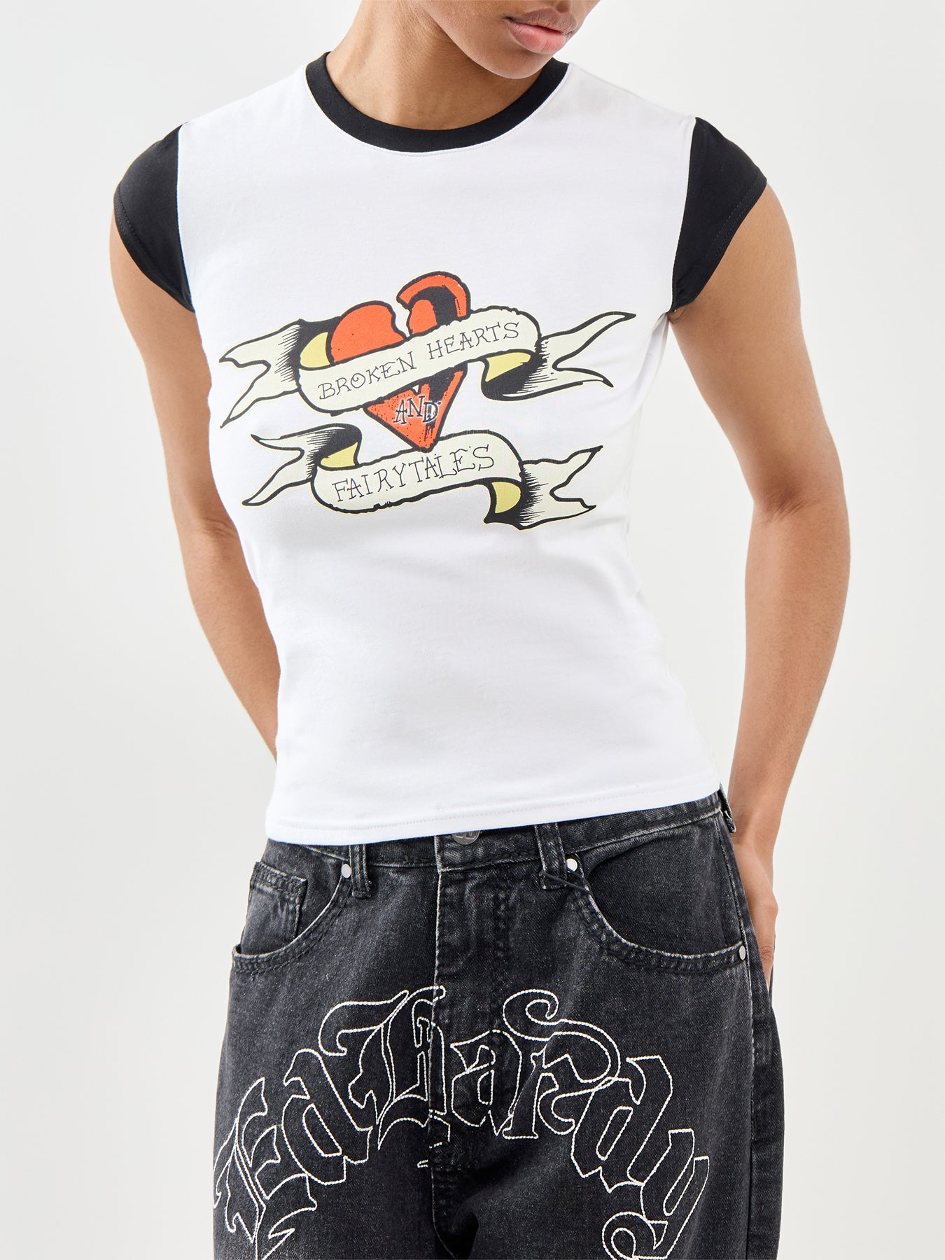 Broken Hearts Contrast Baby Tee White