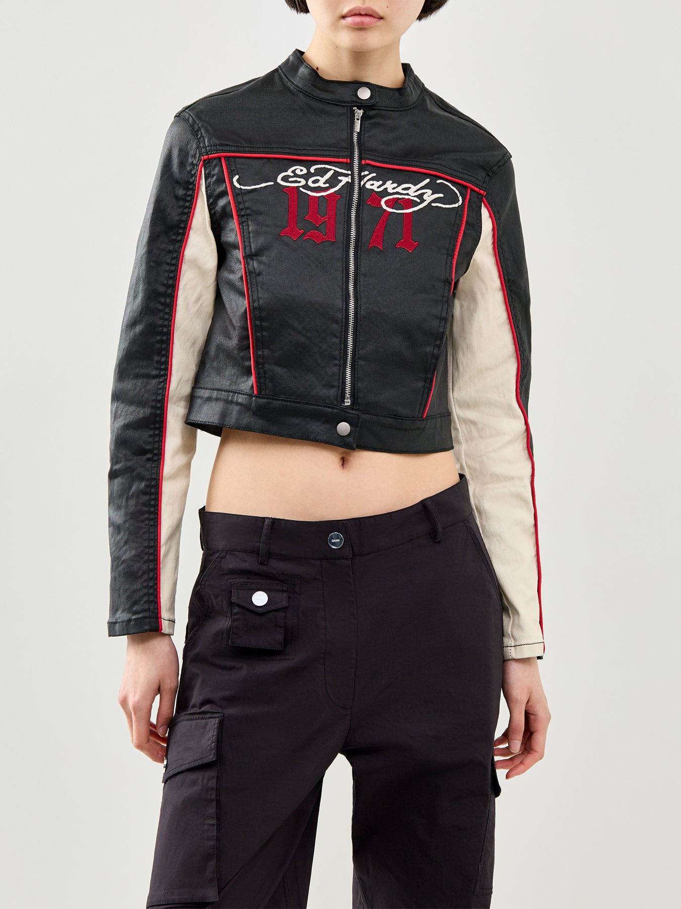 Climbing Rose Denim Biker Jacket Black