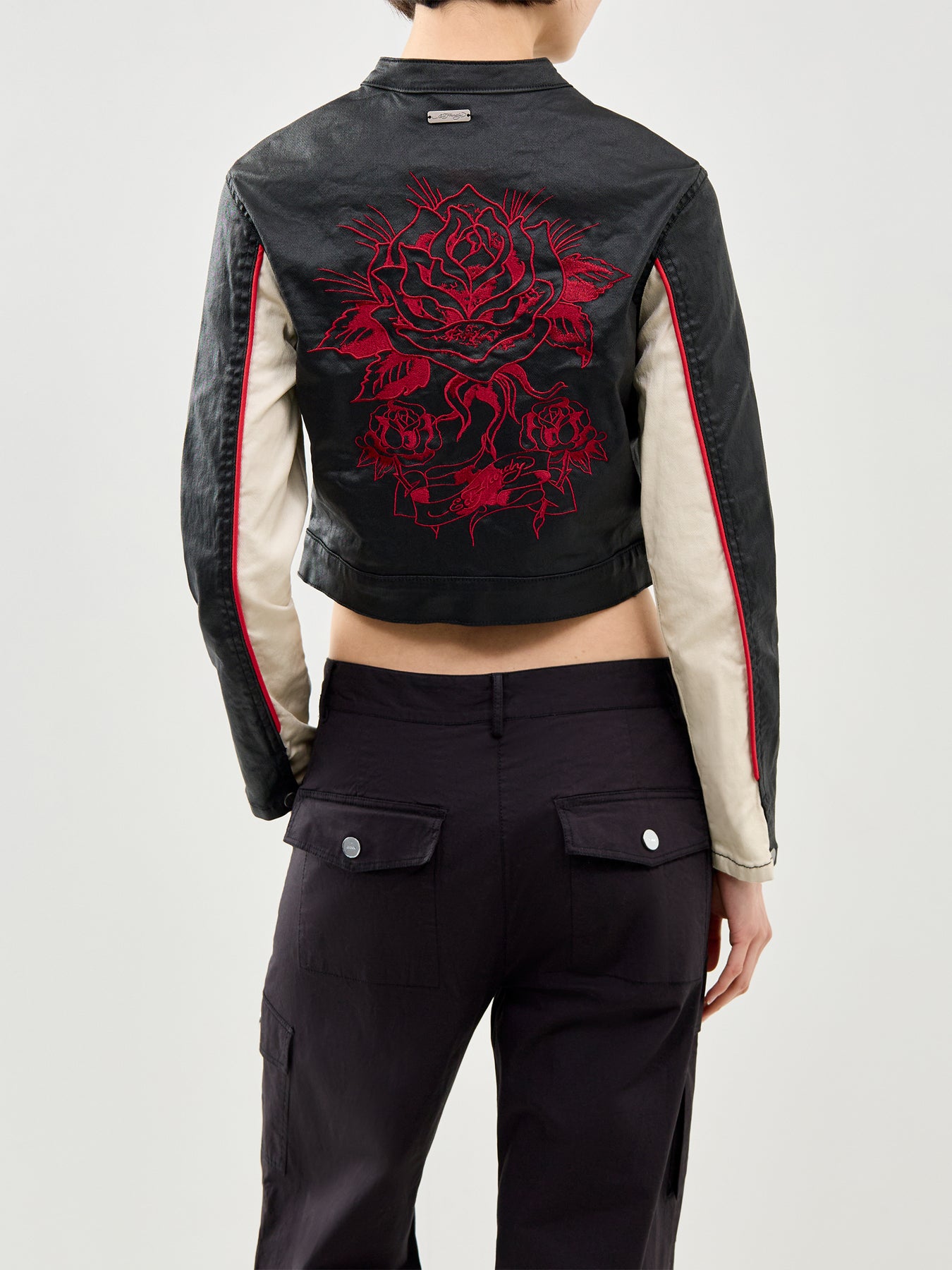 Climbing Rose Denim Biker Jacket Black