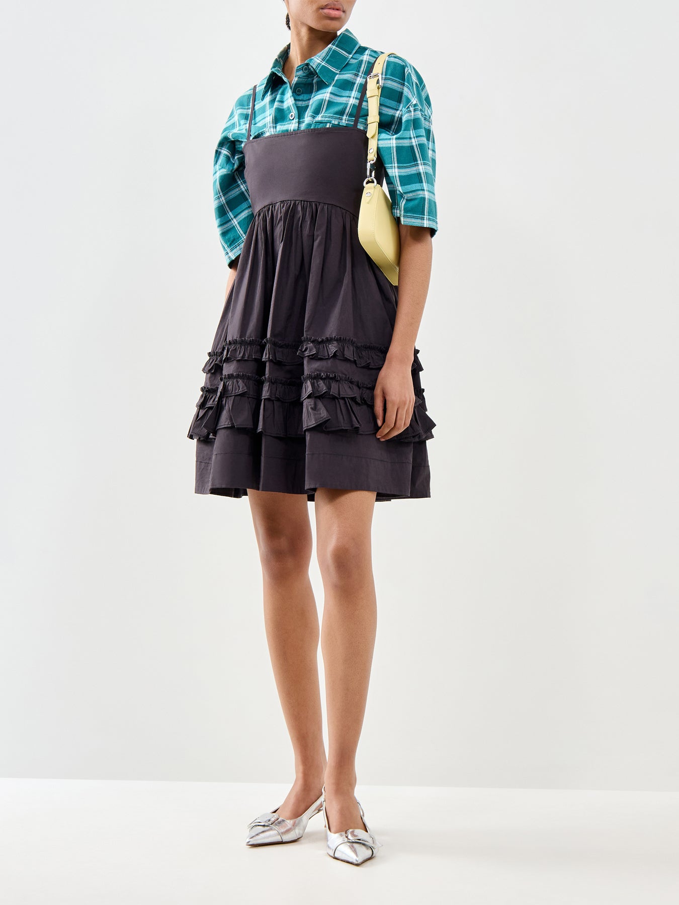Black Roses Cropped Relaxed Camp Shirt Green