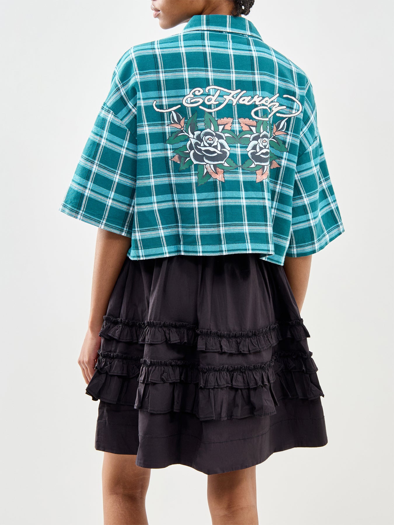 Black Roses Cropped Relaxed Camp Shirt Green