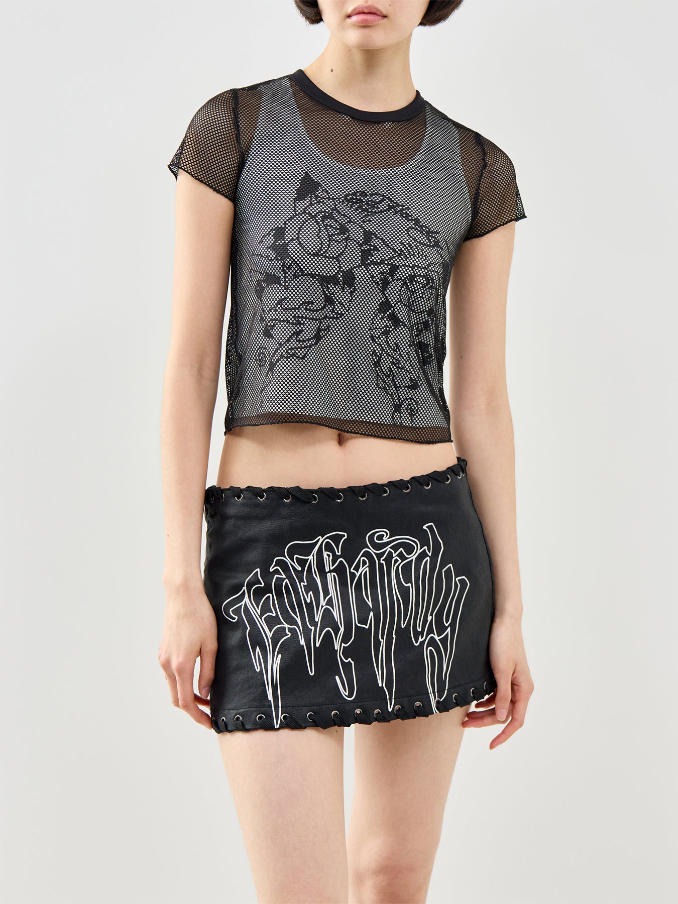 Double Layer Climbing Rose Mesh T-Shirt Black