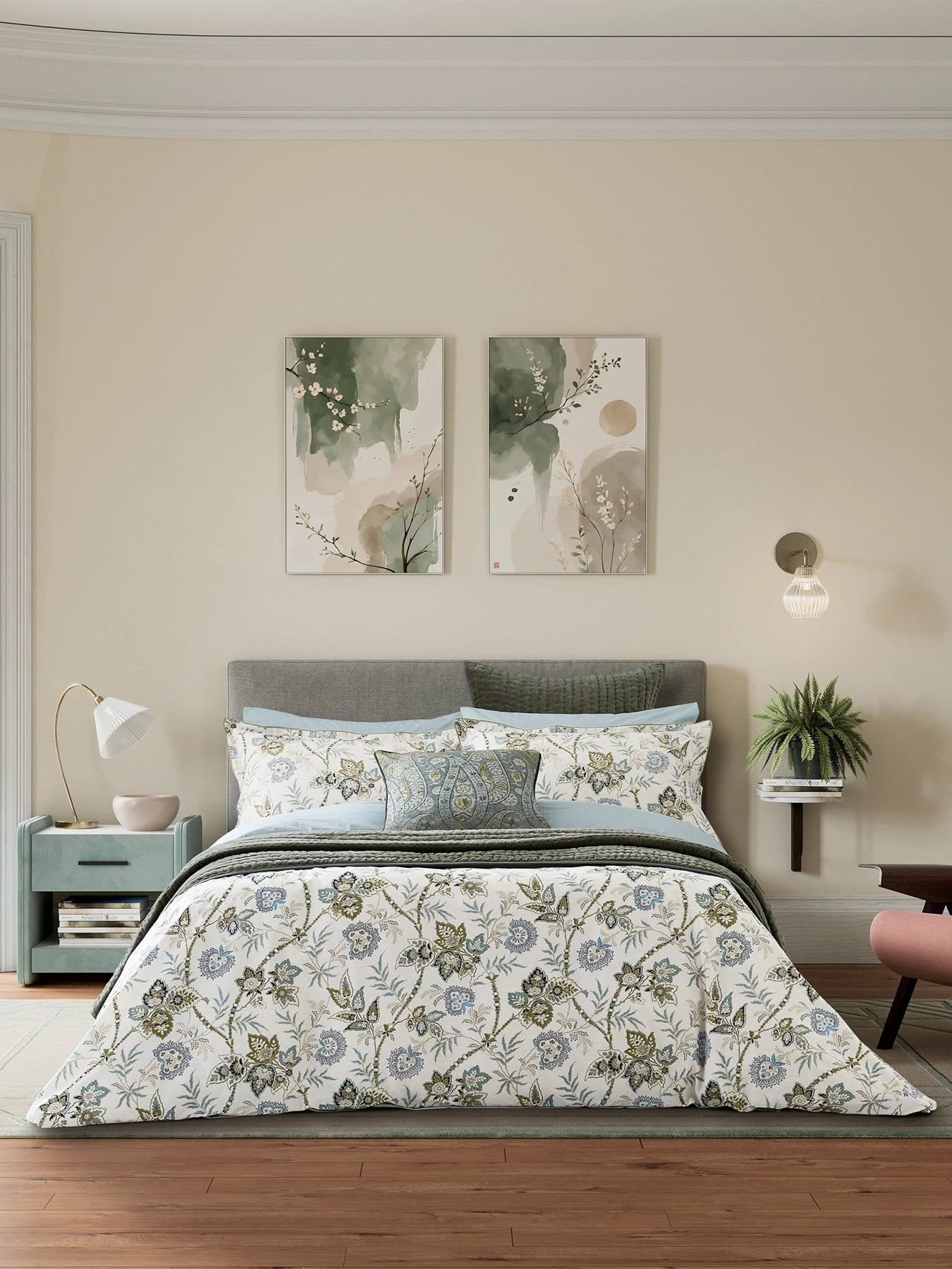 Emira Cotton Percale Duvet Cover Set Soft Teal & Green Super King