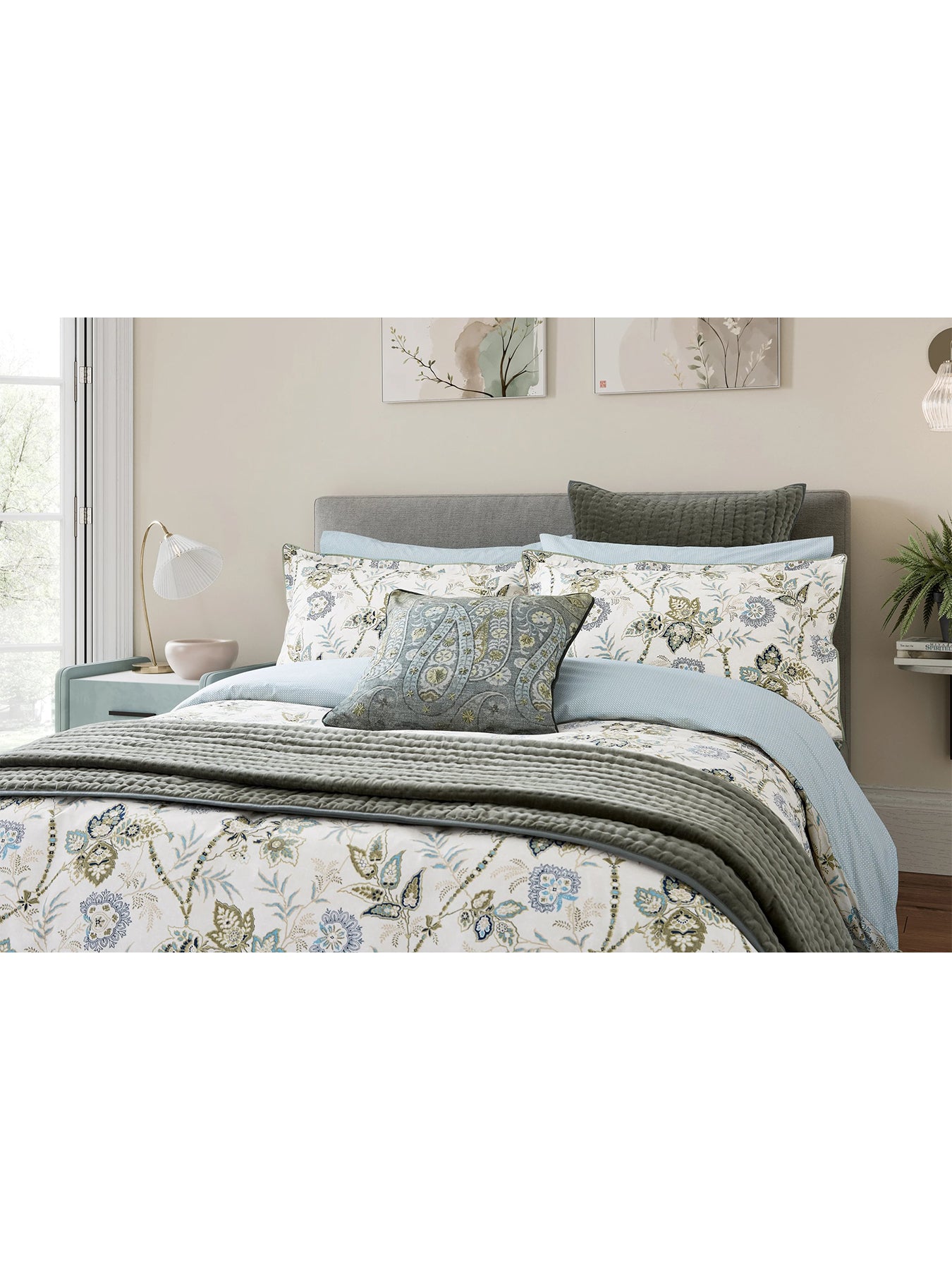 Emira Cotton Percale Duvet Cover Set Soft Teal & Green Super King