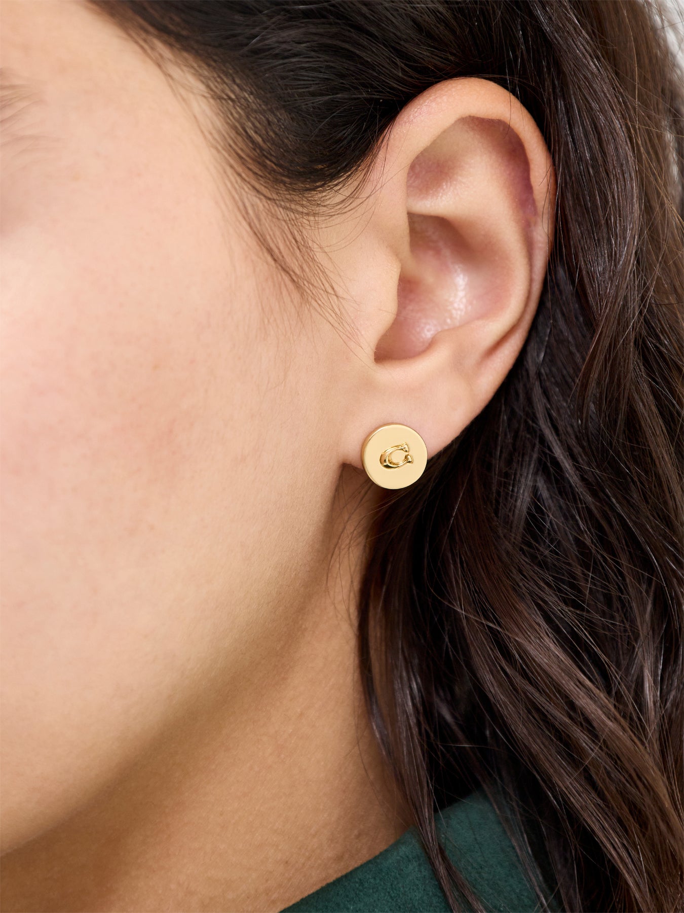Metal Logo Round Stud Earrings Gold