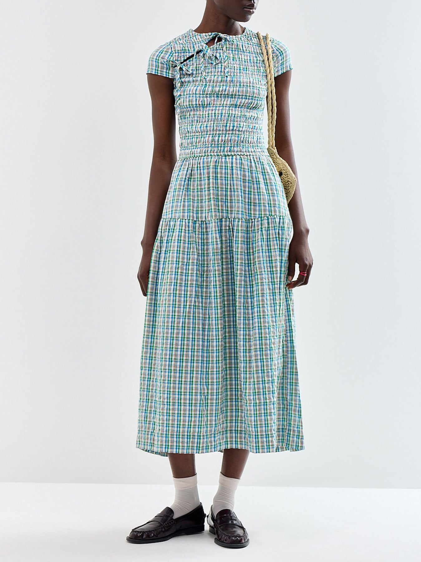 ebba check printed cotton dress Ebba Plaid Cutout Detail Organic Cotton Dress (Women)