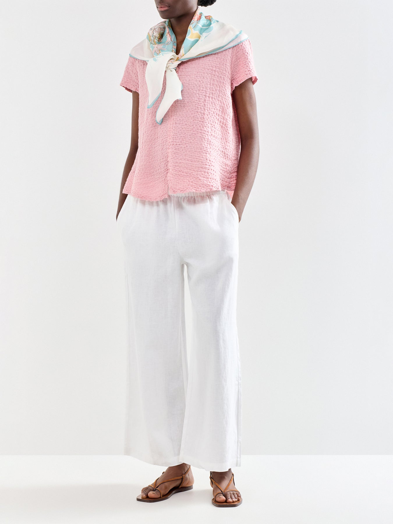 Waffle Linen V-Neck Top Pink