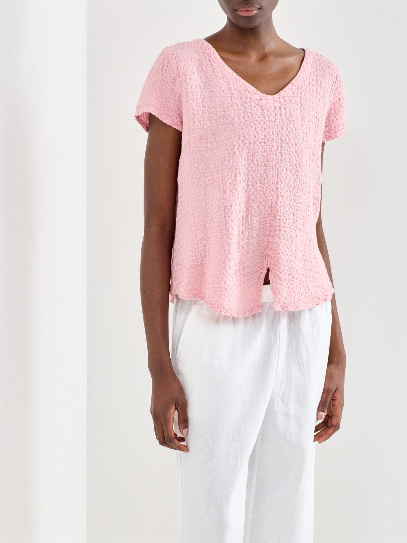 Waffle Linen V-Neck Top Pink
