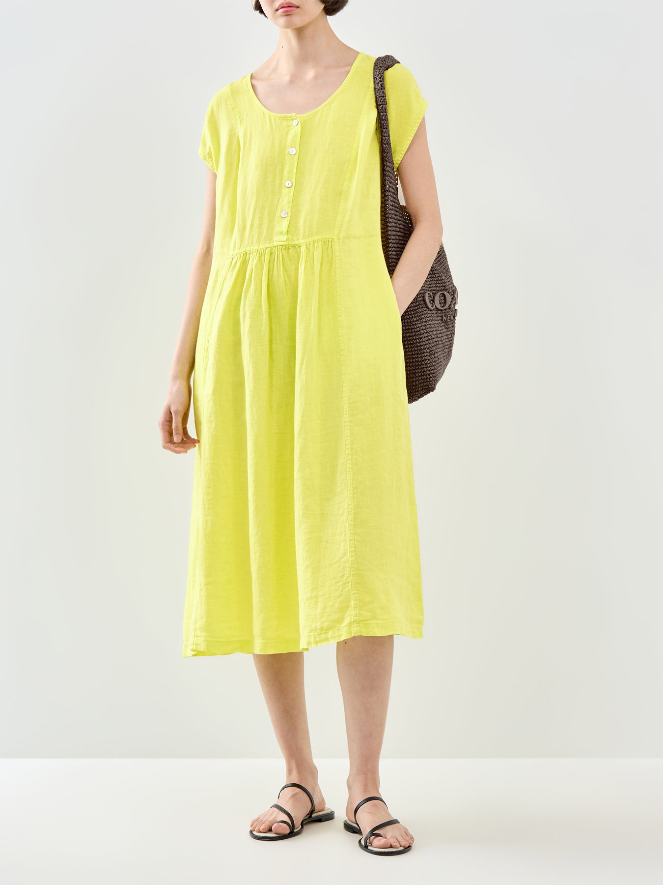 Fine Linen Short Sleeve Midi Dress Yellow