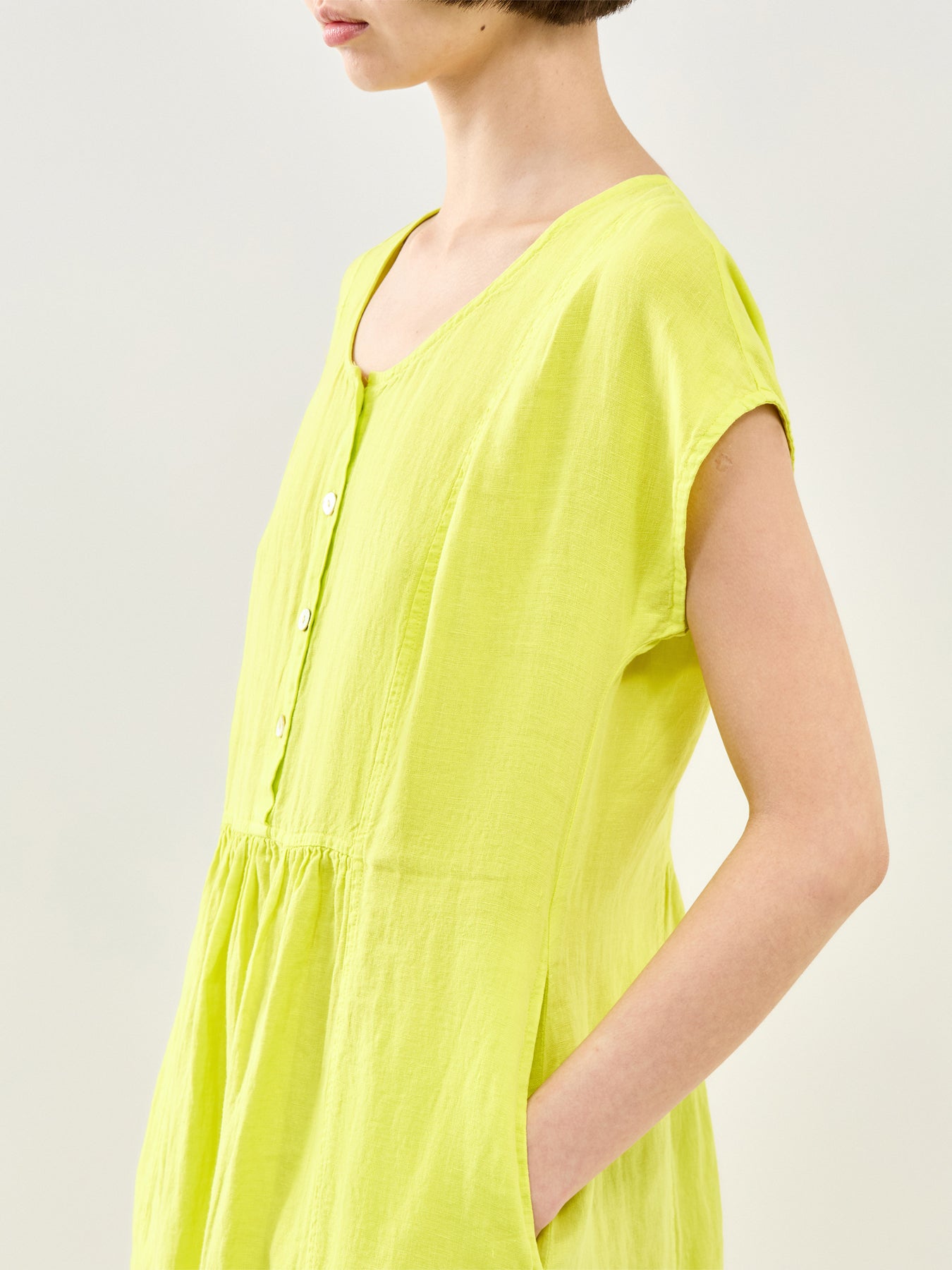 Fine Linen Short Sleeve Midi Dress Yellow