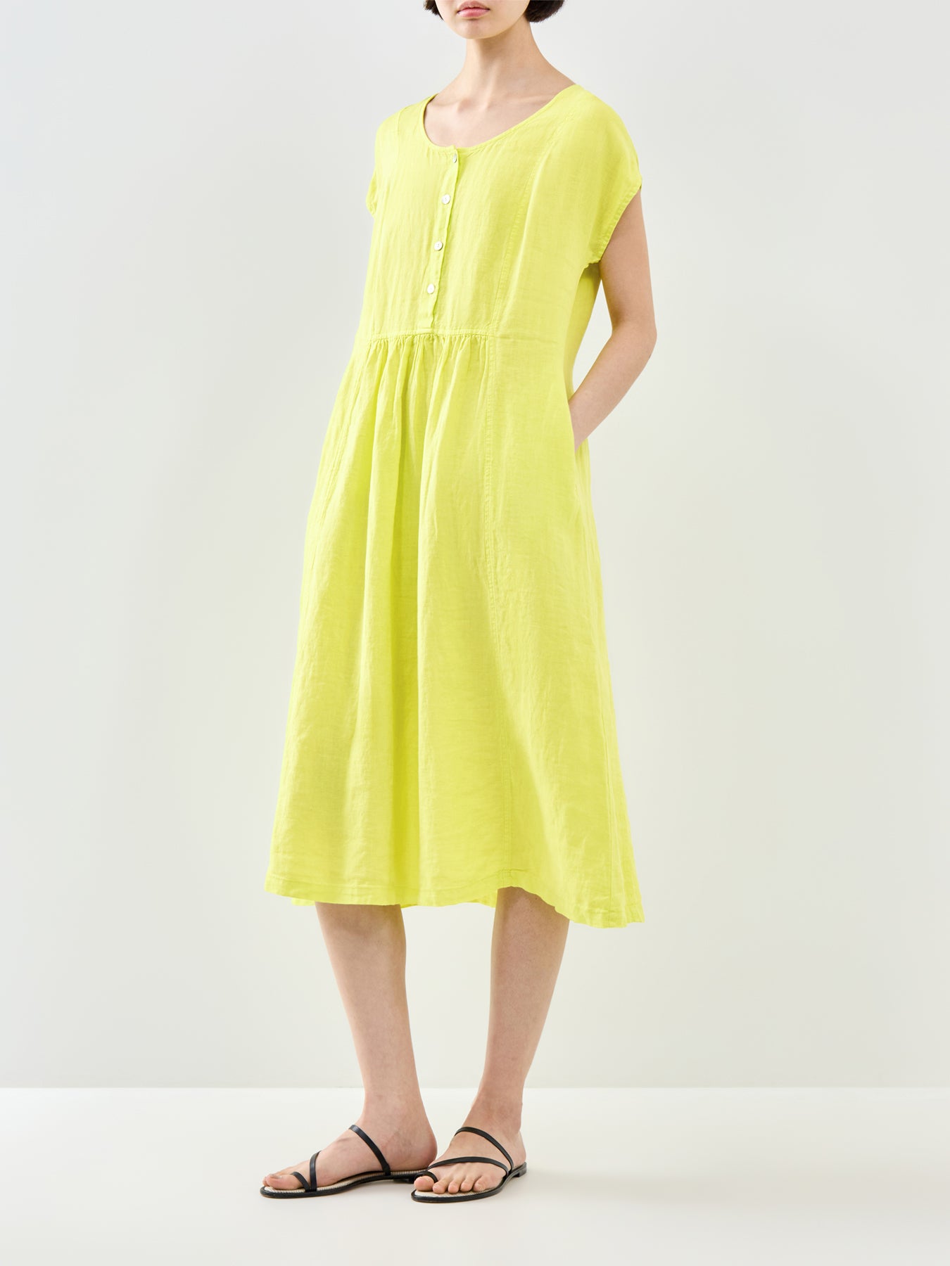 Fine Linen Short Sleeve Midi Dress Yellow
