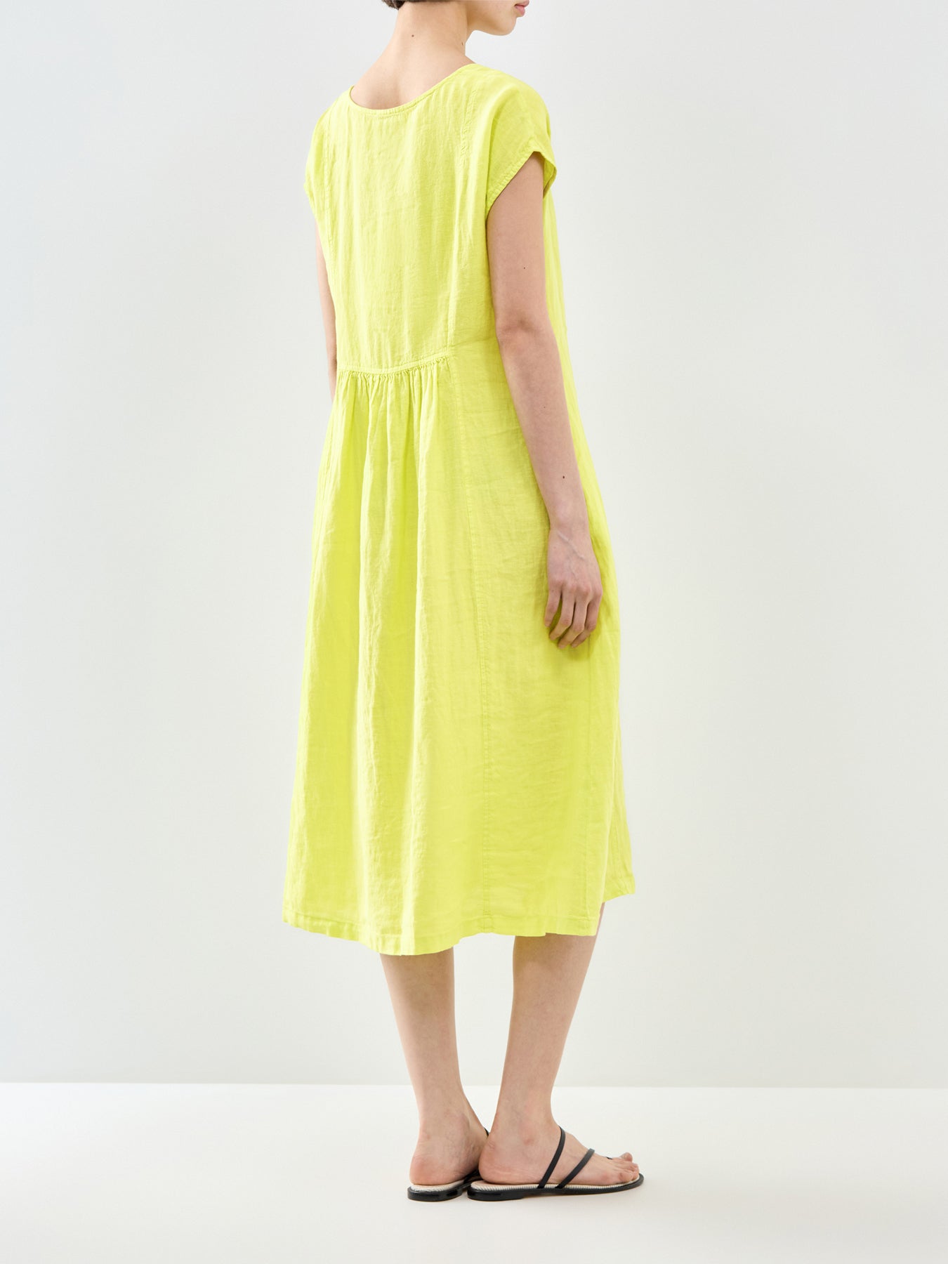 Fine Linen Short Sleeve Midi Dress Yellow