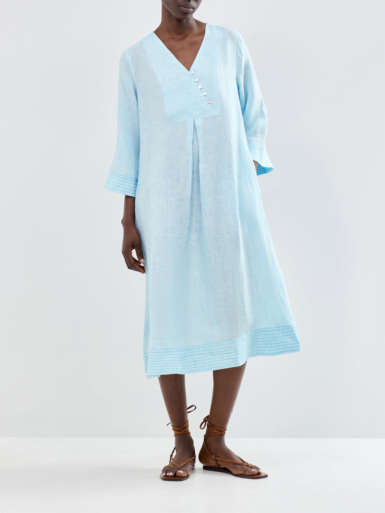 Linen Ticking Stripe LS Midi Dress
