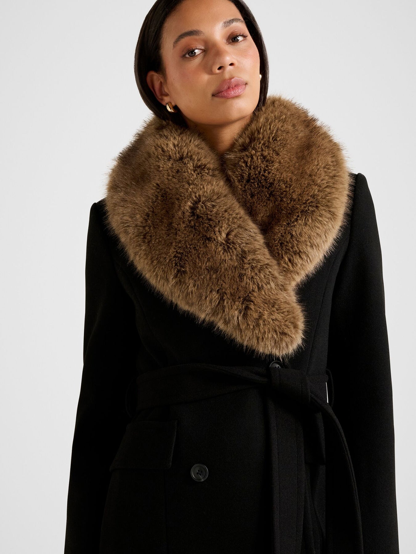Chelsea Double Breasted Fur Collar Coat Black