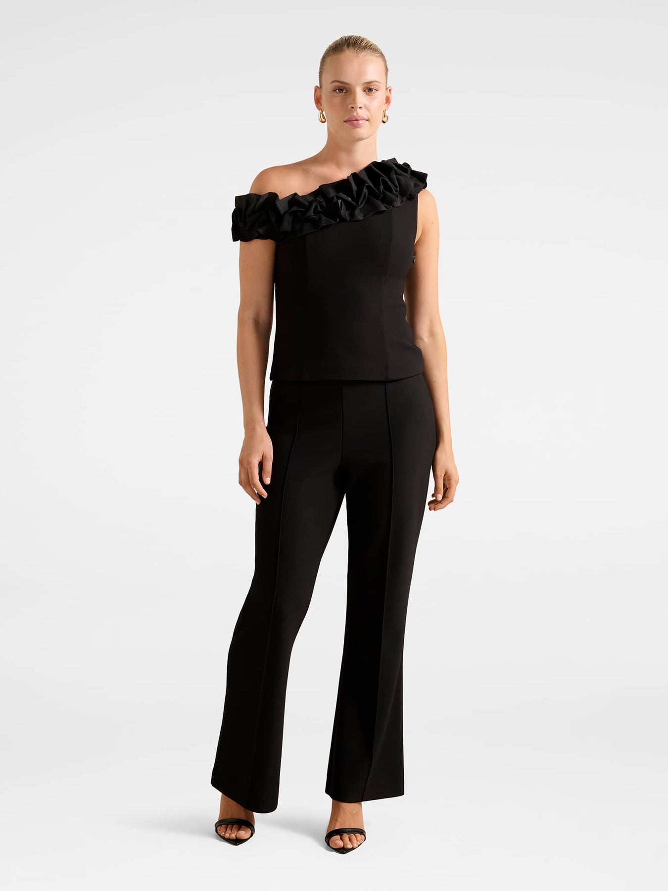 Sadie Tipped Shoulder Ruffle Top Black