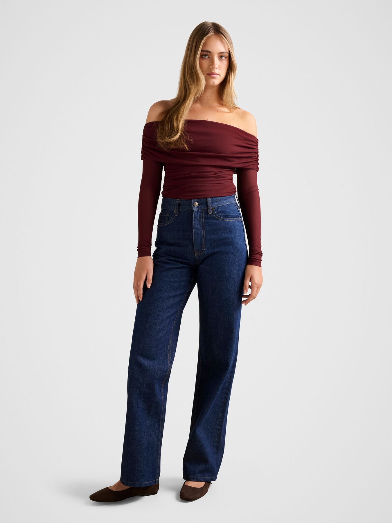 Kaia Ruched Mesh Bardot Neck Top Red