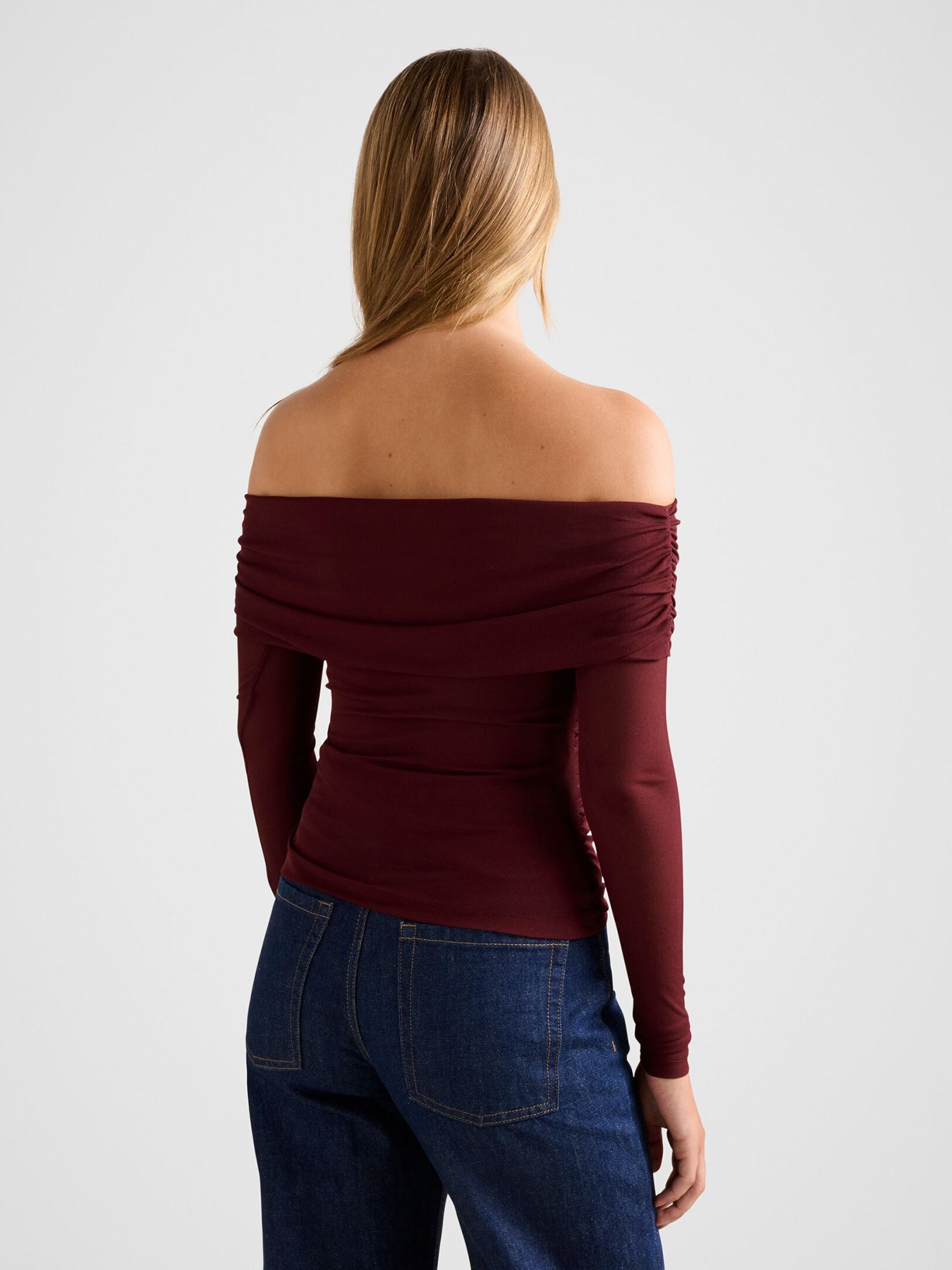Kaia Ruched Mesh Bardot Neck Top Red