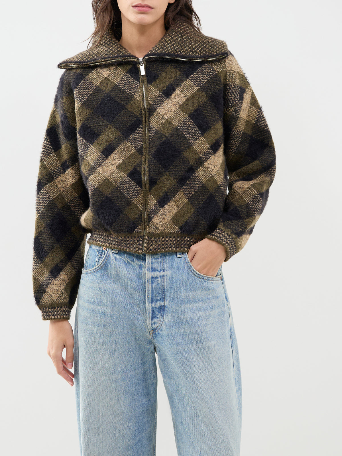 Maroon Zip-Collar Knitted Cardigan - Forest Night Multi
