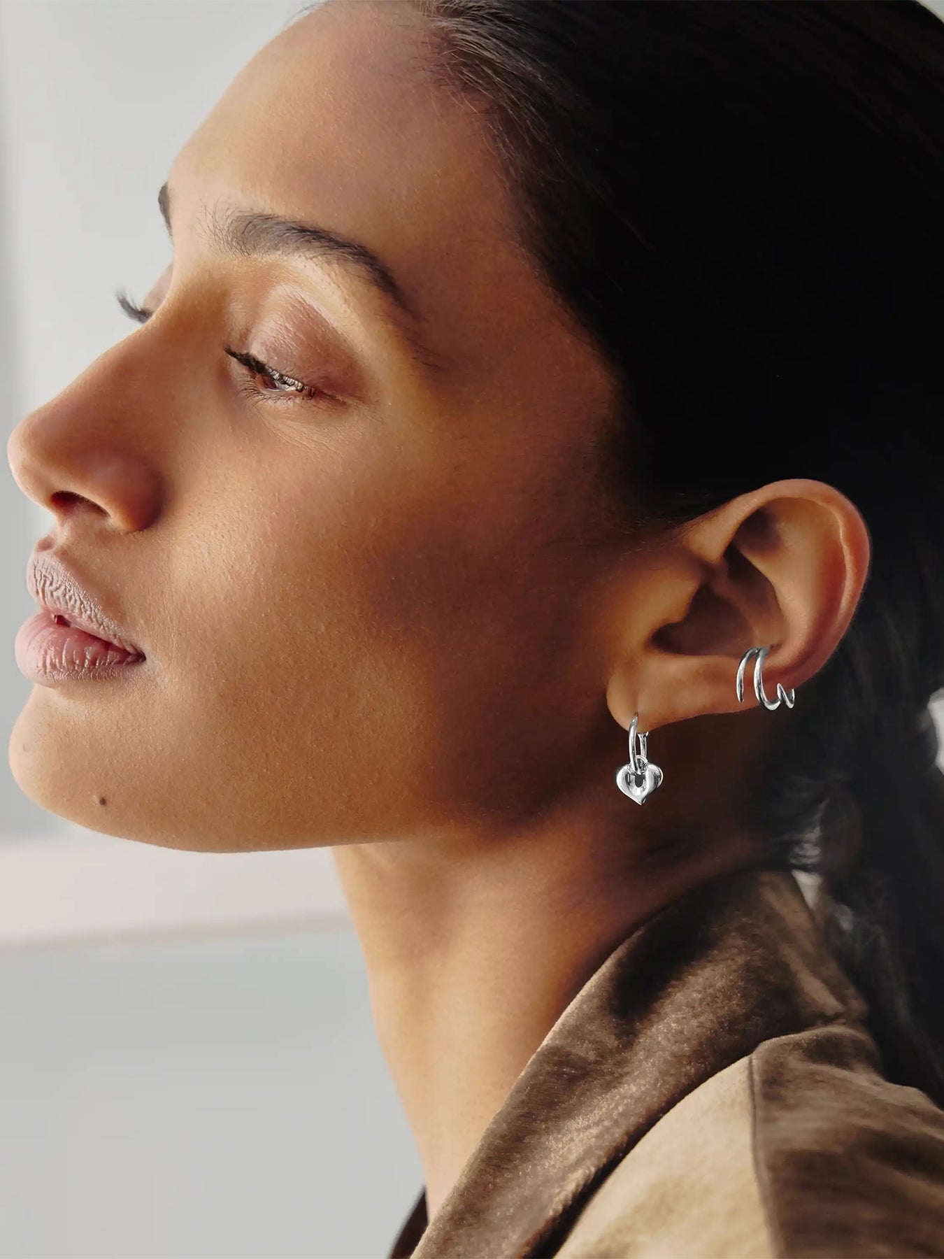 Molten Heart Charm Hoop Earrings Silver