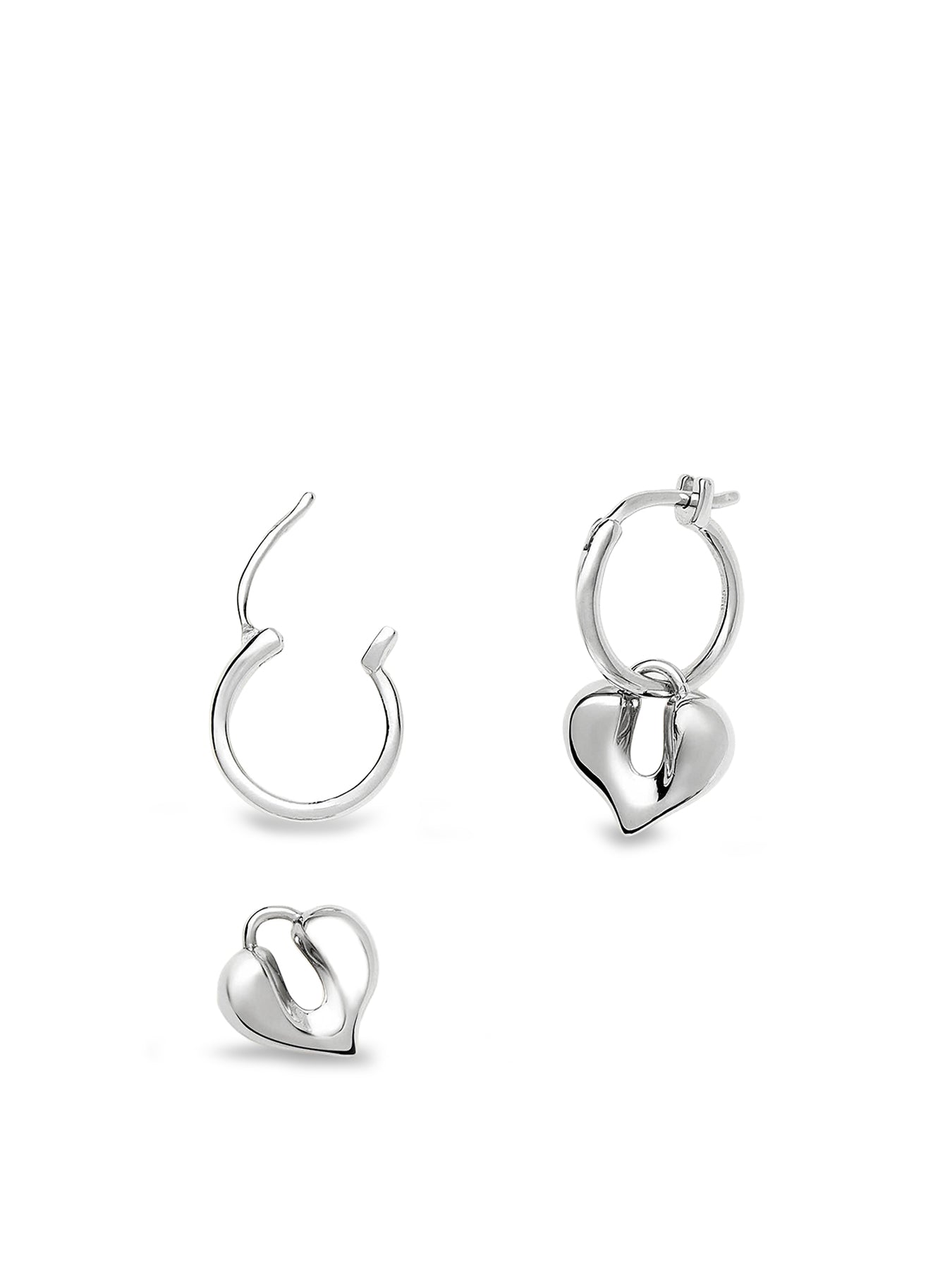 Molten Heart Charm Hoop Earrings Silver