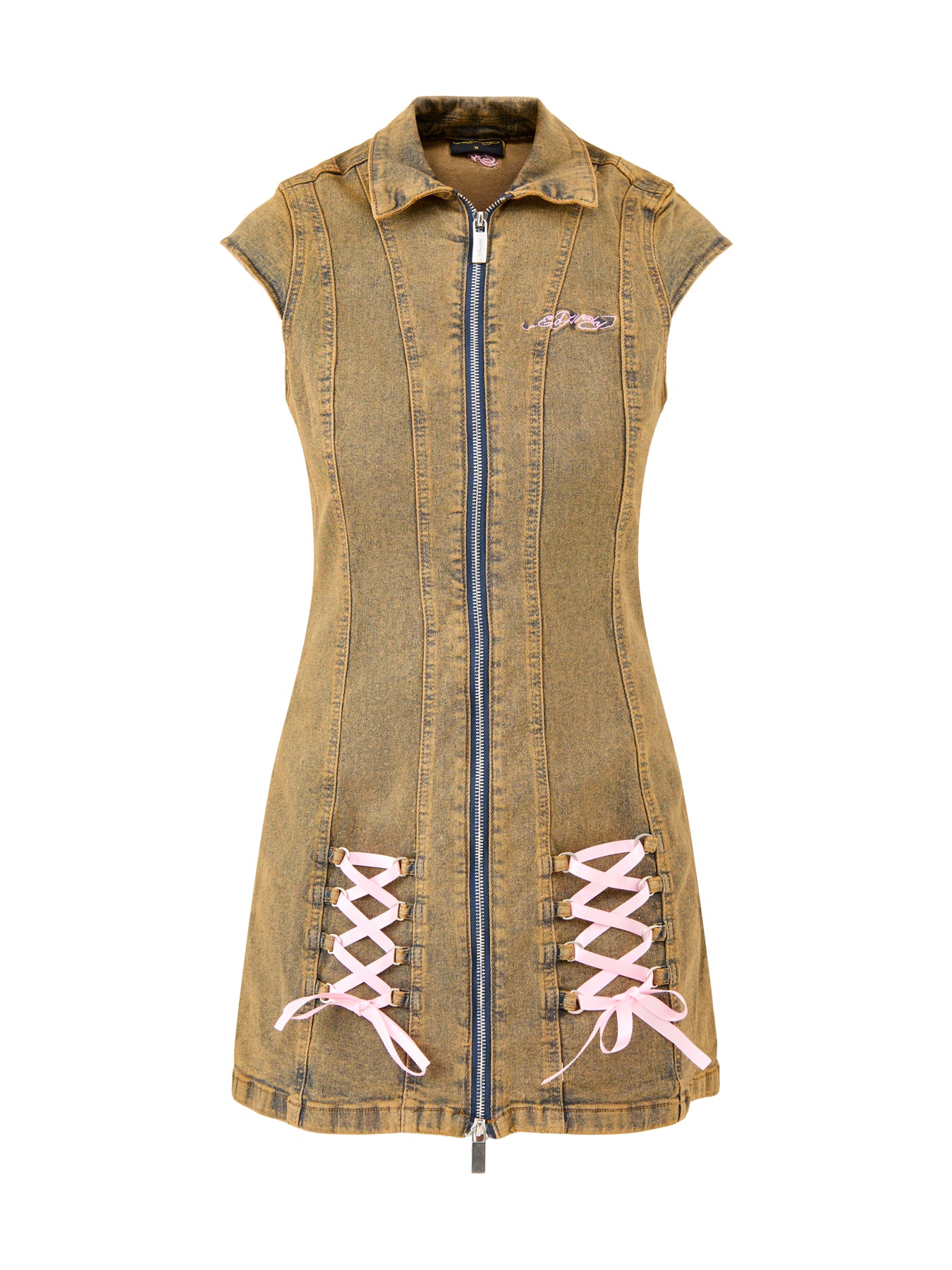 Lotus Flower Seam Detail Tie Up Denim Dress Beige