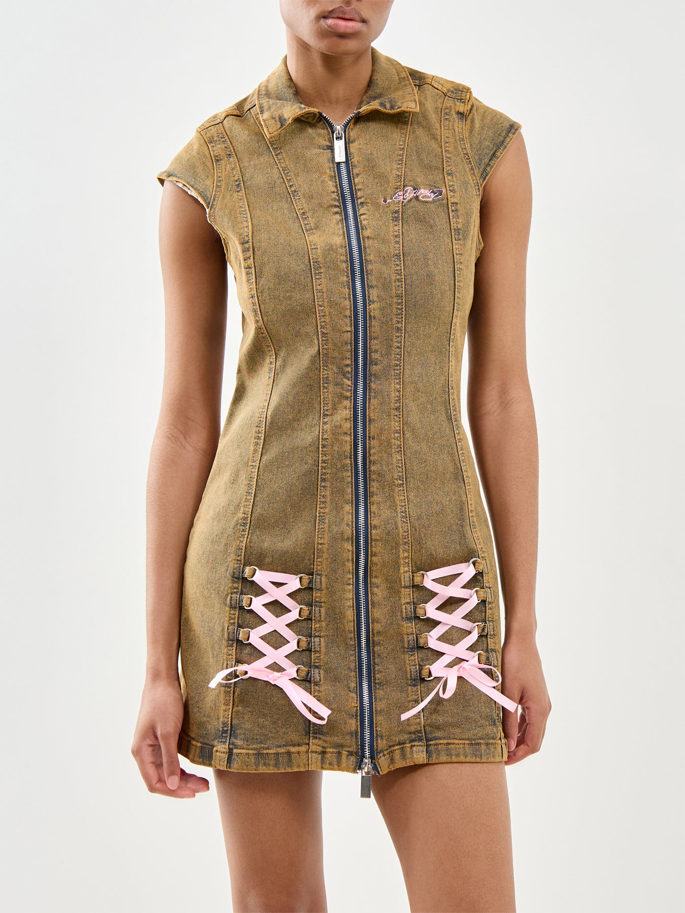 Lotus Flower Seam Detail Tie Up Denim Dress Beige