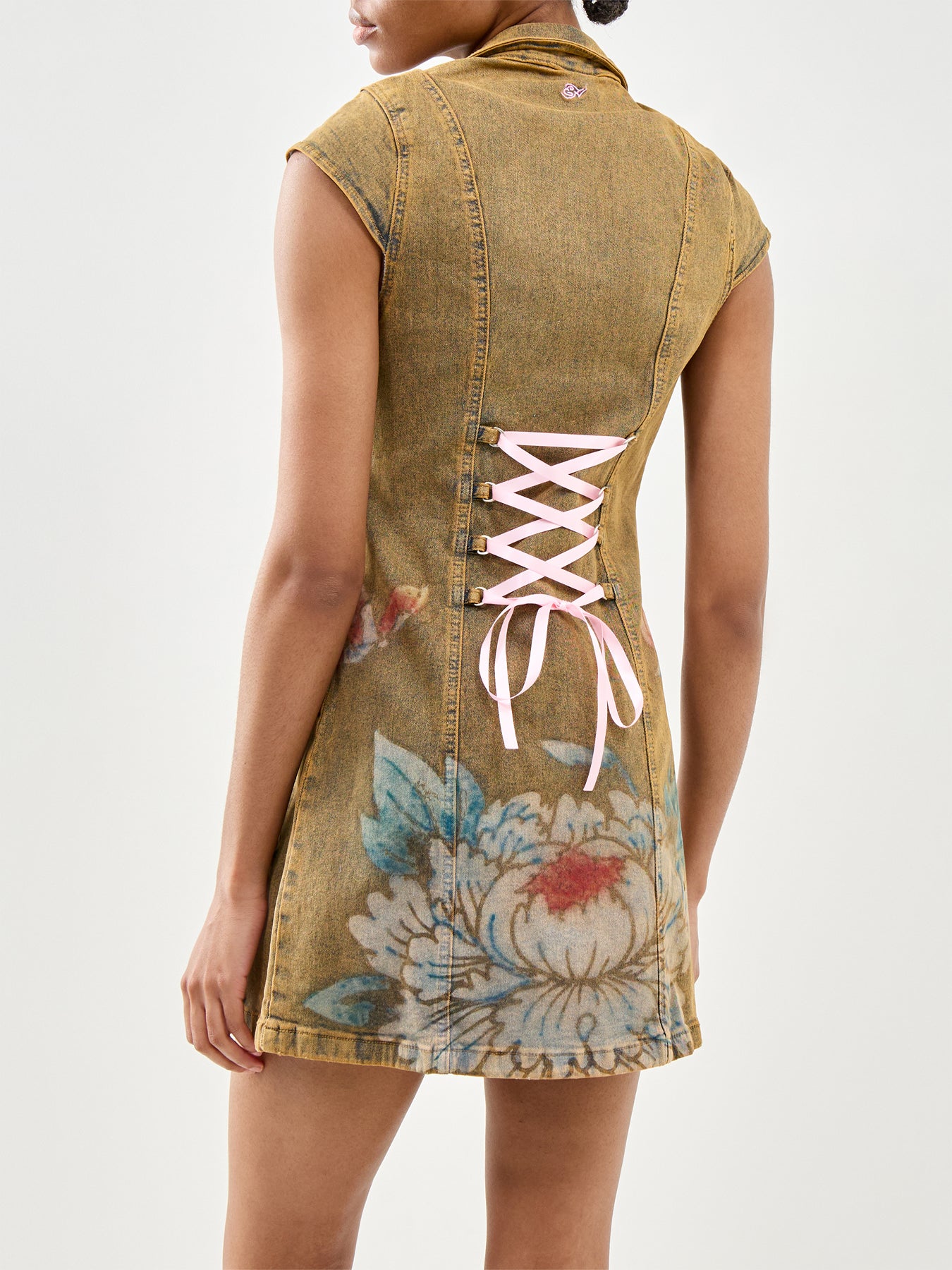 Lotus Flower Seam Detail Tie Up Denim Dress Beige