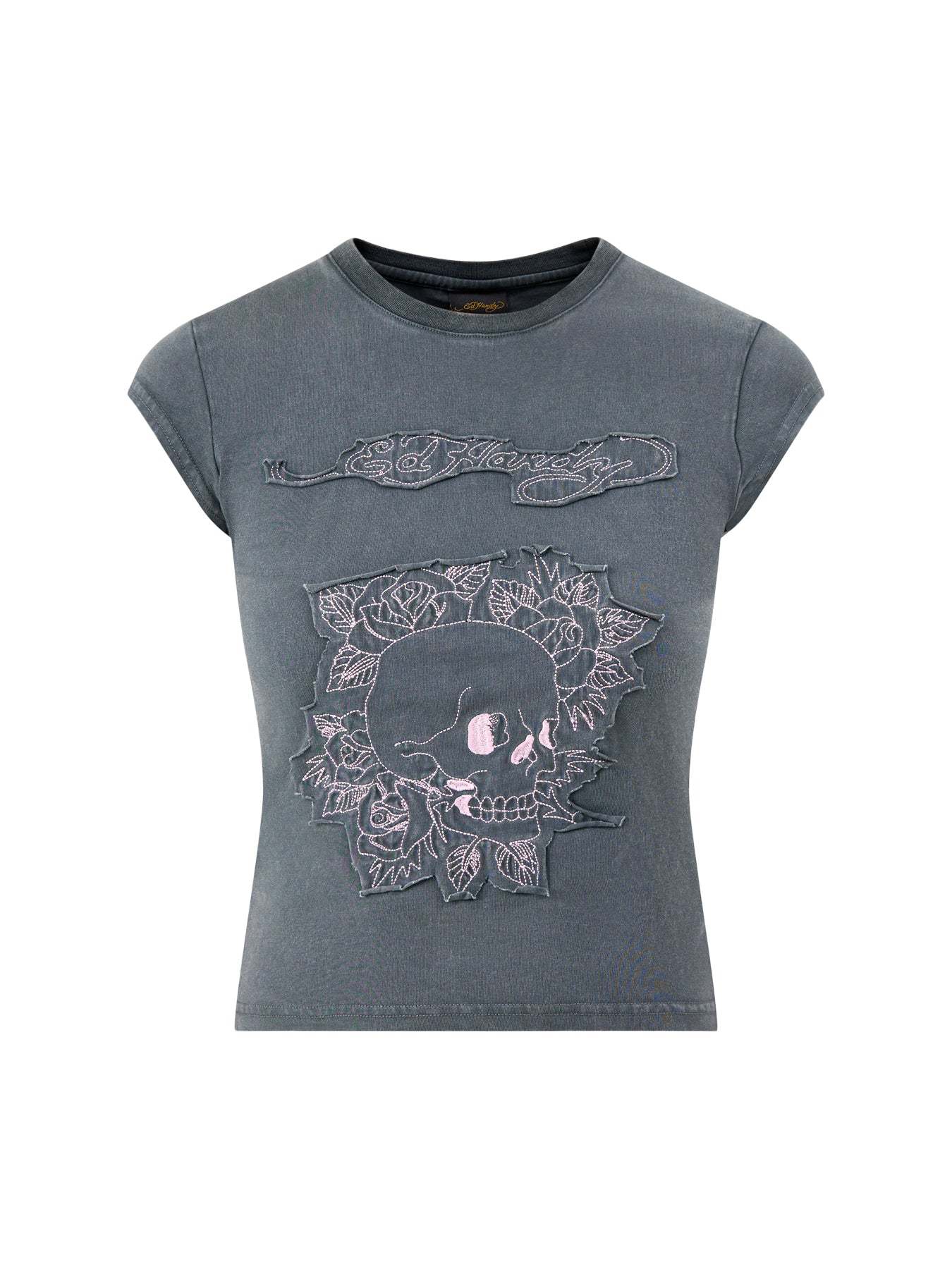 Floral Skull Self Applique Cap Sleeve Tee Grey