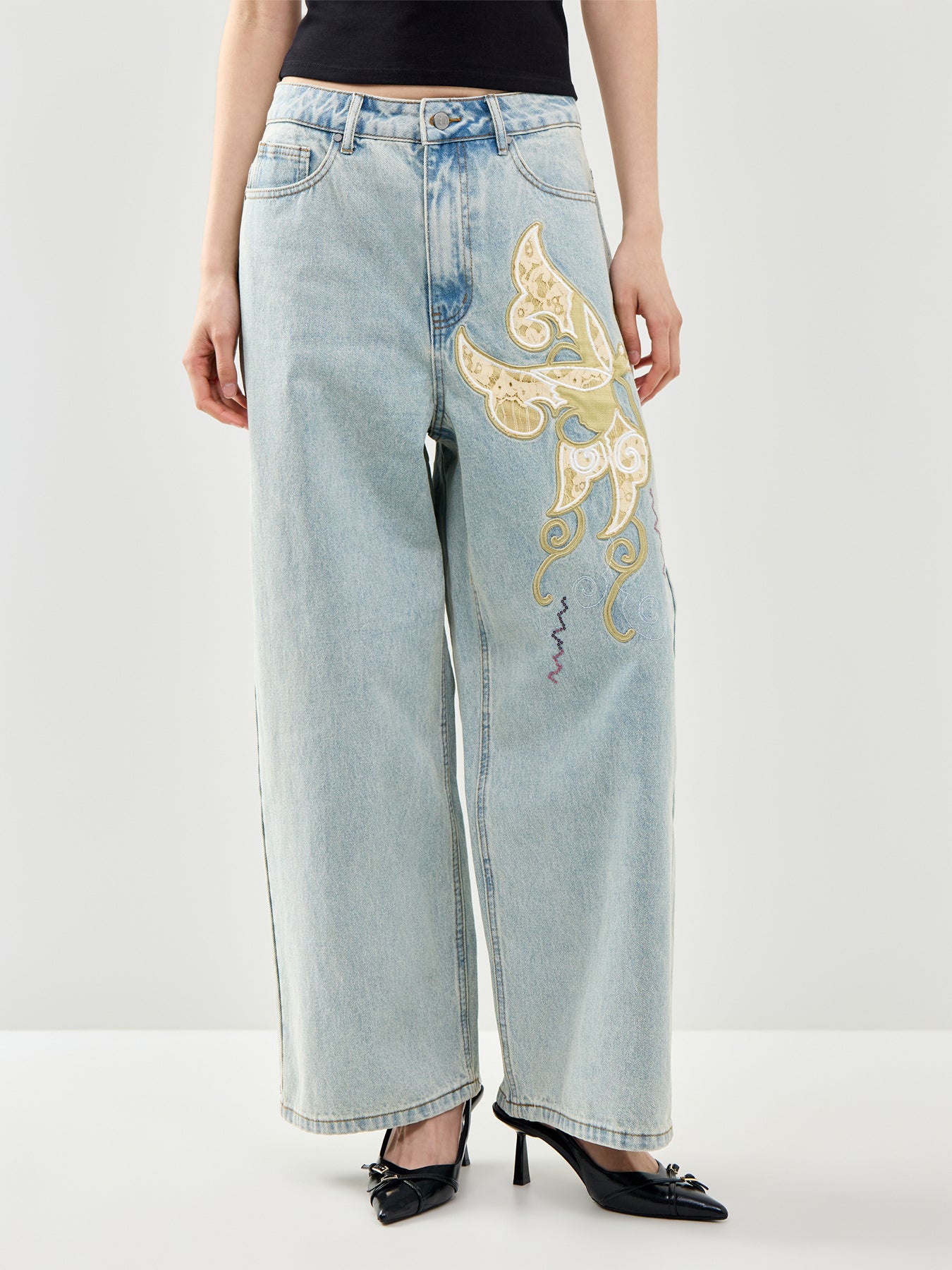 Antique Butterfly Baggy Jeans Blue