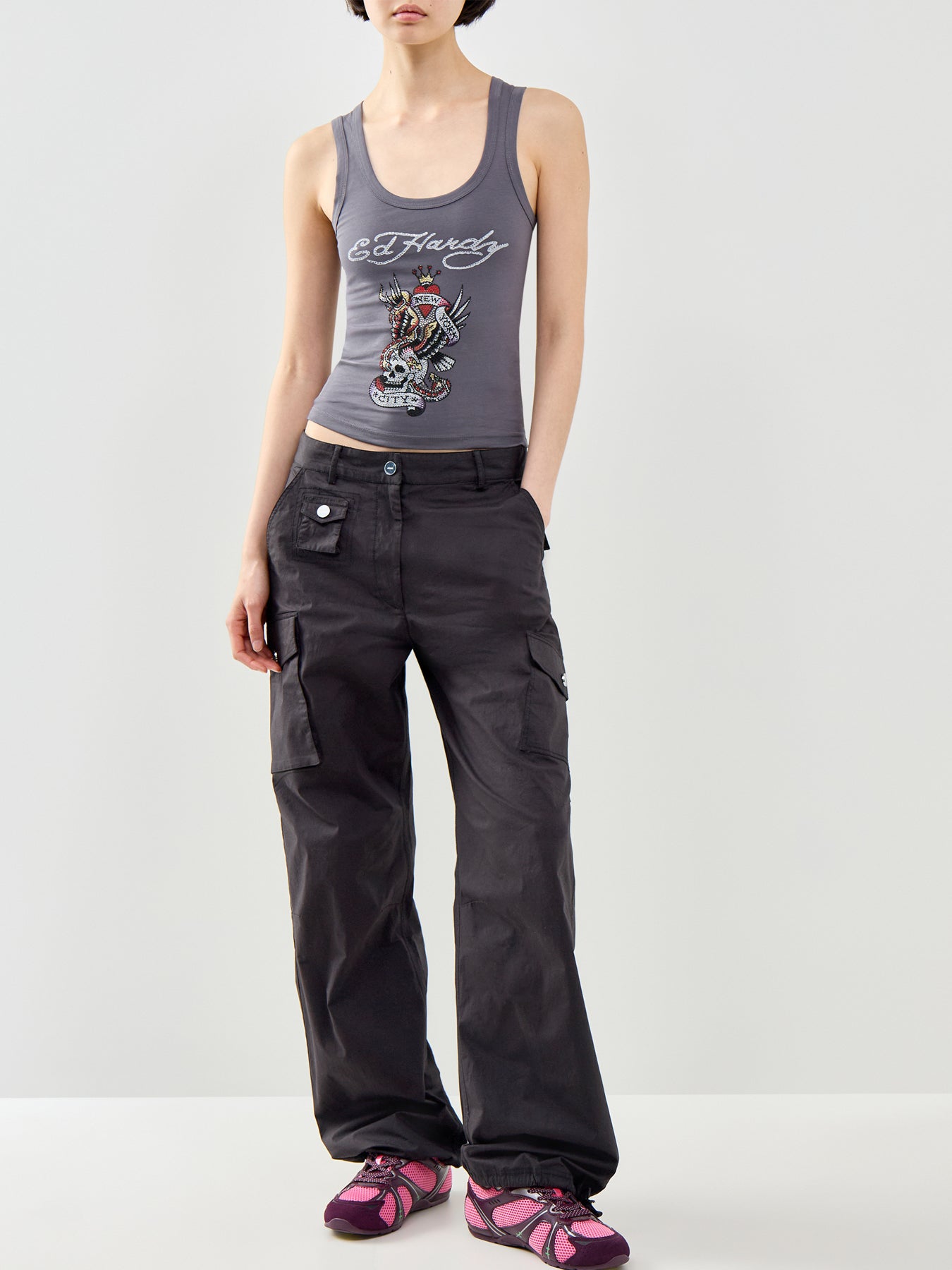 New York City Diamante Cropped Vest Top Grey