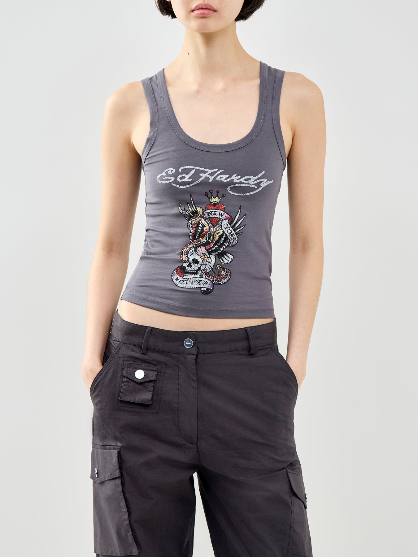 New York City Diamante Cropped Vest Top Grey