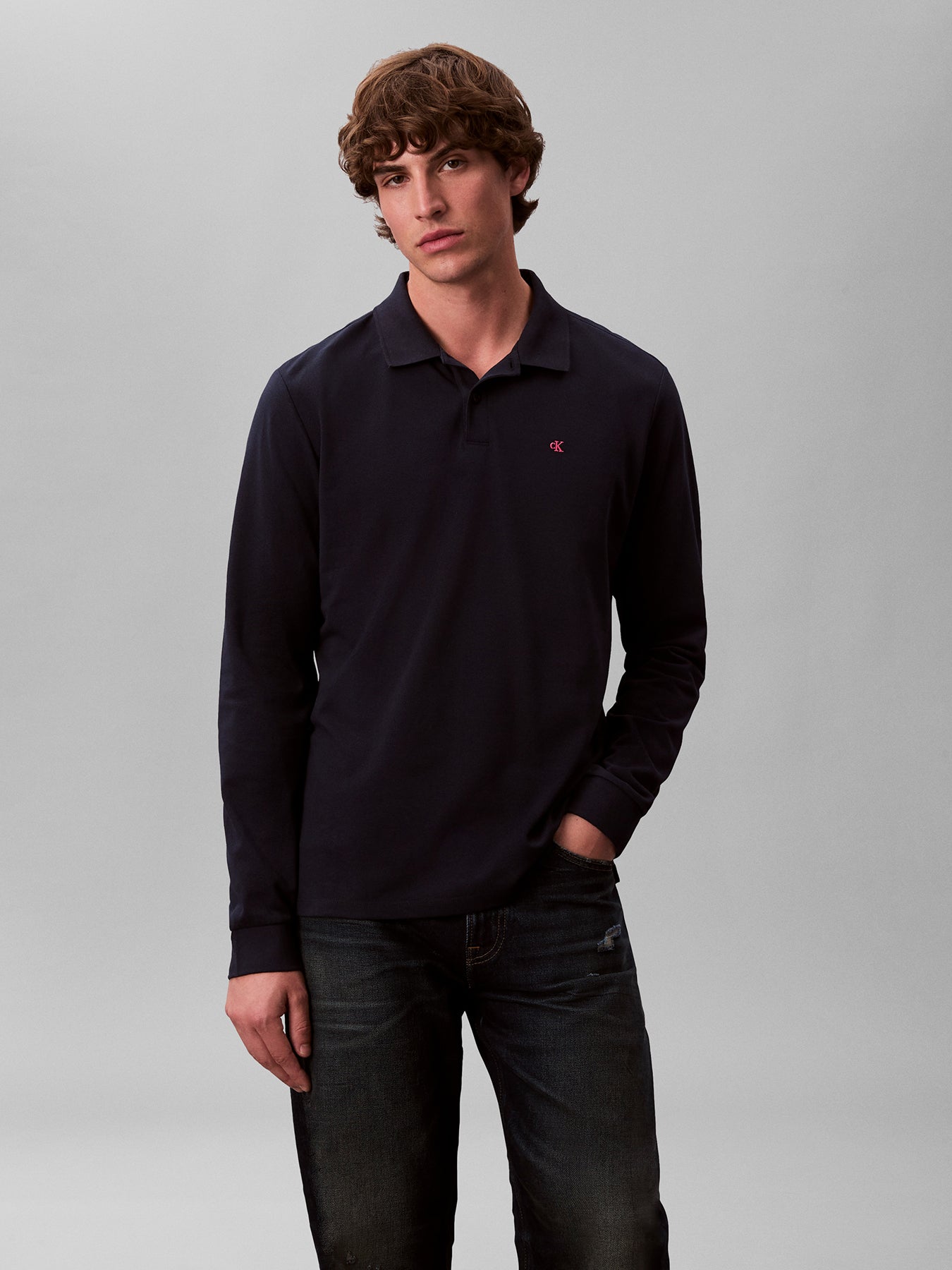 Long Sleeve Piqué Polo Shirt Blue