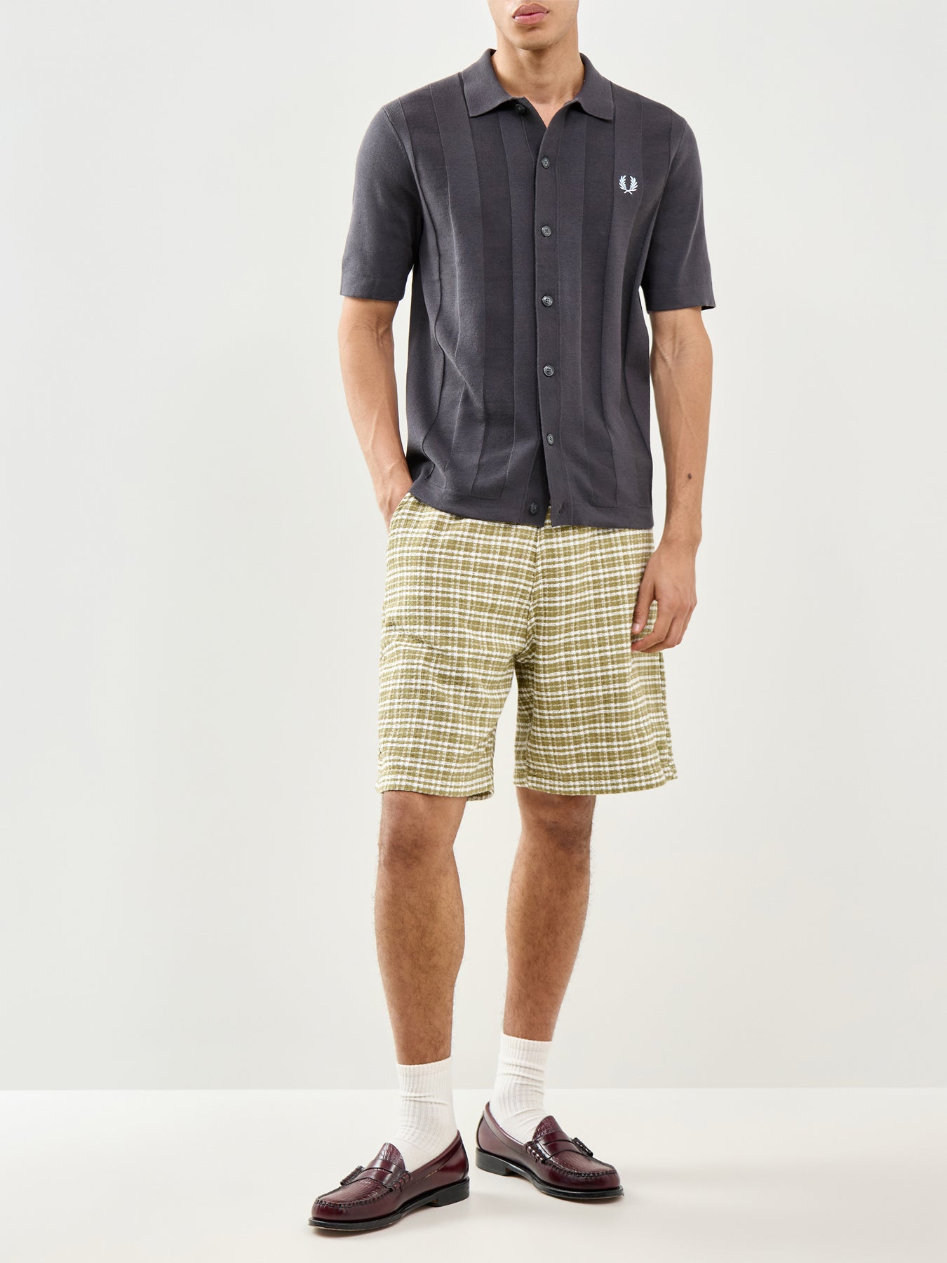 Tonal Vertical Stripe Knitted Shirt Grey