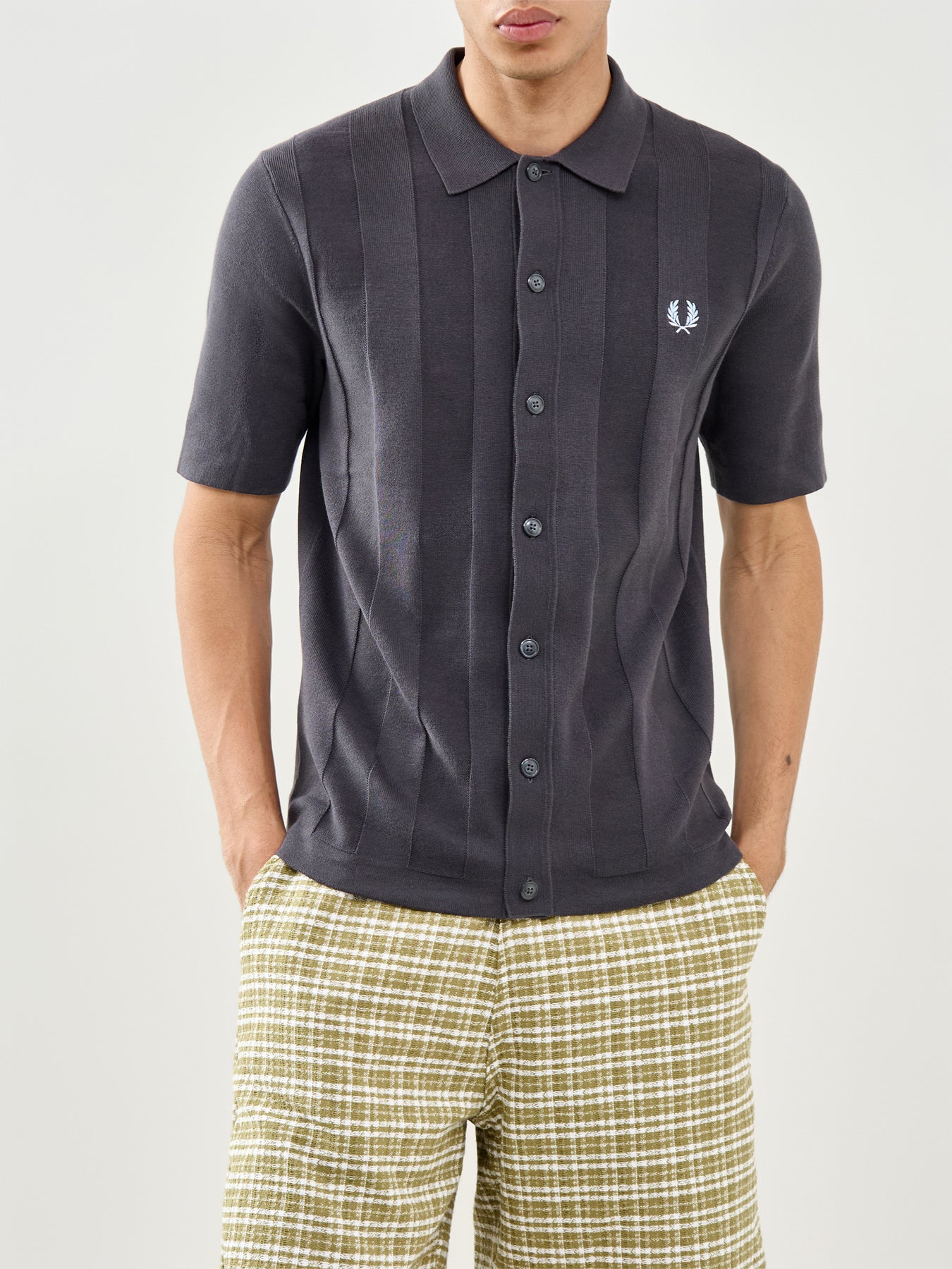 Tonal Vertical Stripe Knitted Shirt Grey