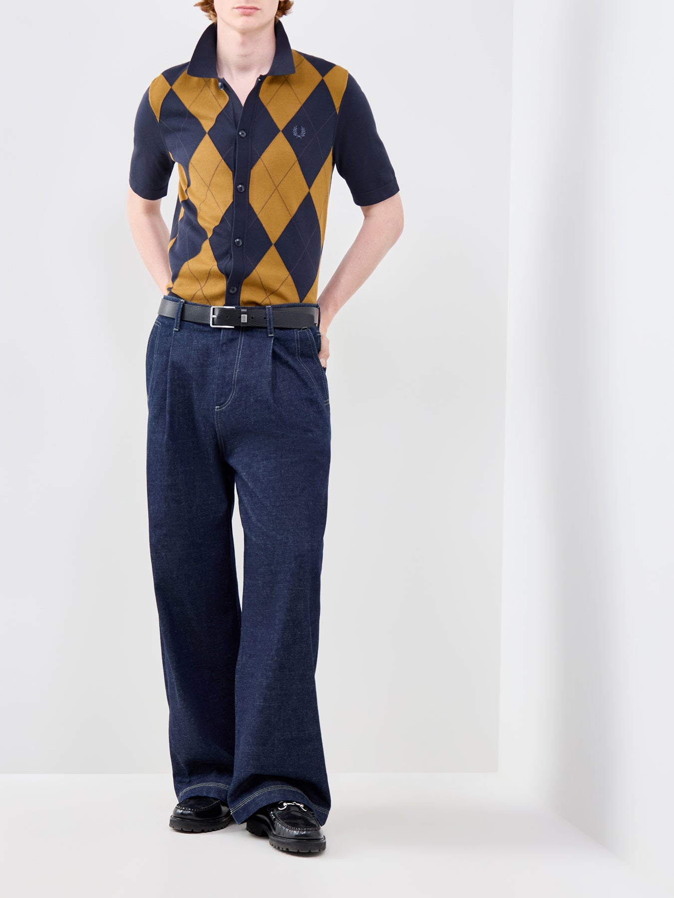 Argyle Button Through Knitted Shirt Navy
