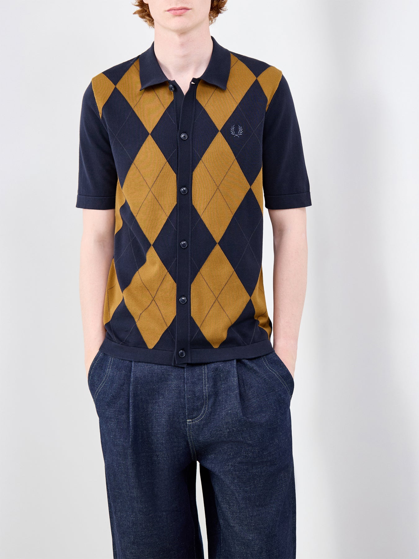 Argyle Button Through Knitted Shirt Navy