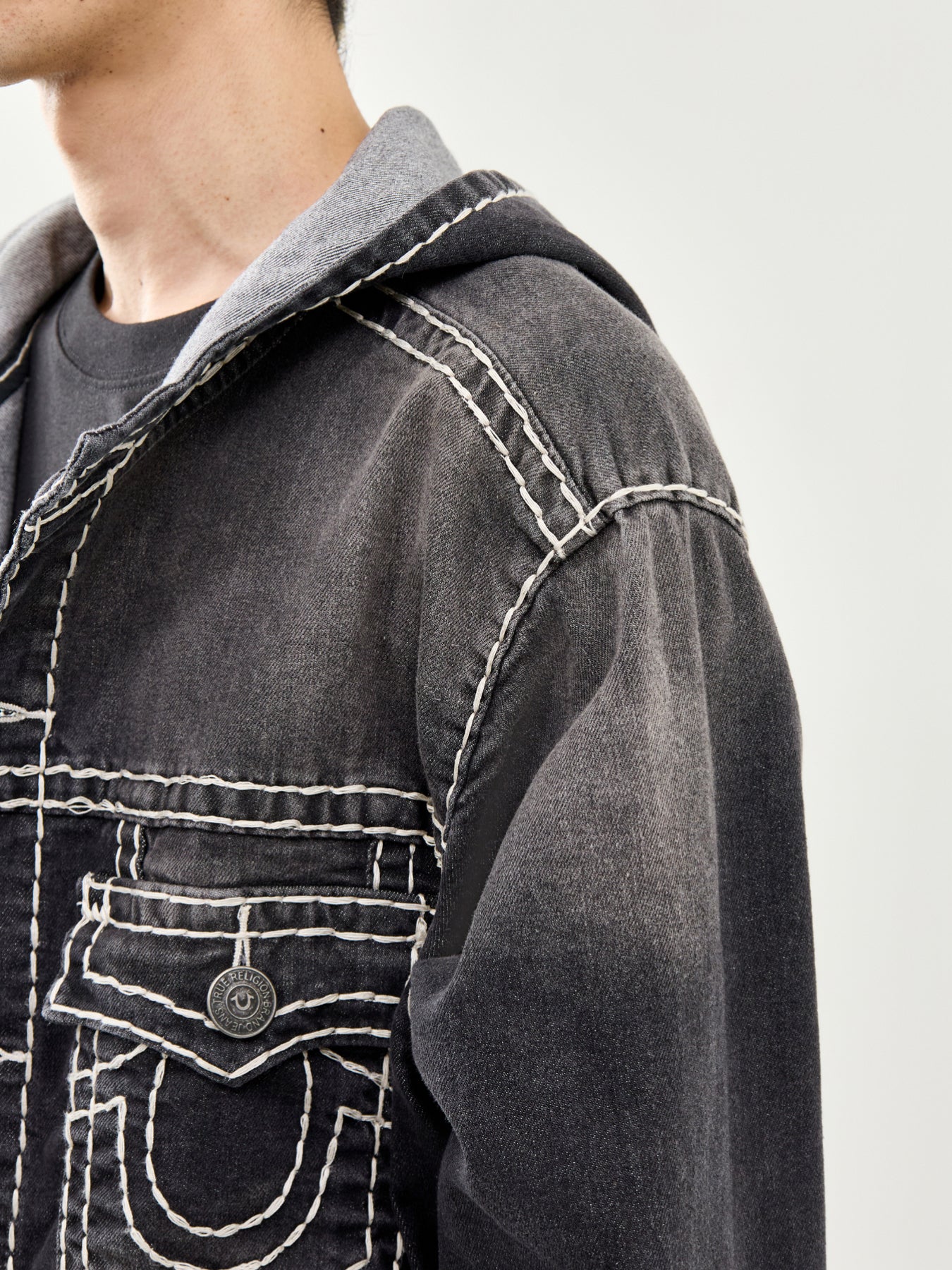True Religion Super T Hooded Denim Jacket in Black