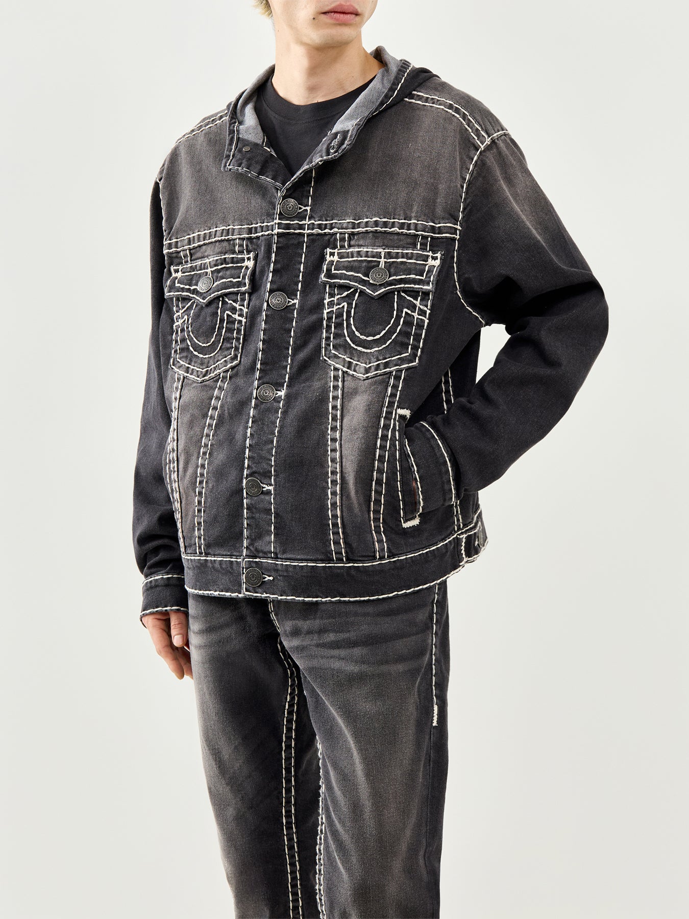 True Religion Super T Hooded Denim Jacket in Black