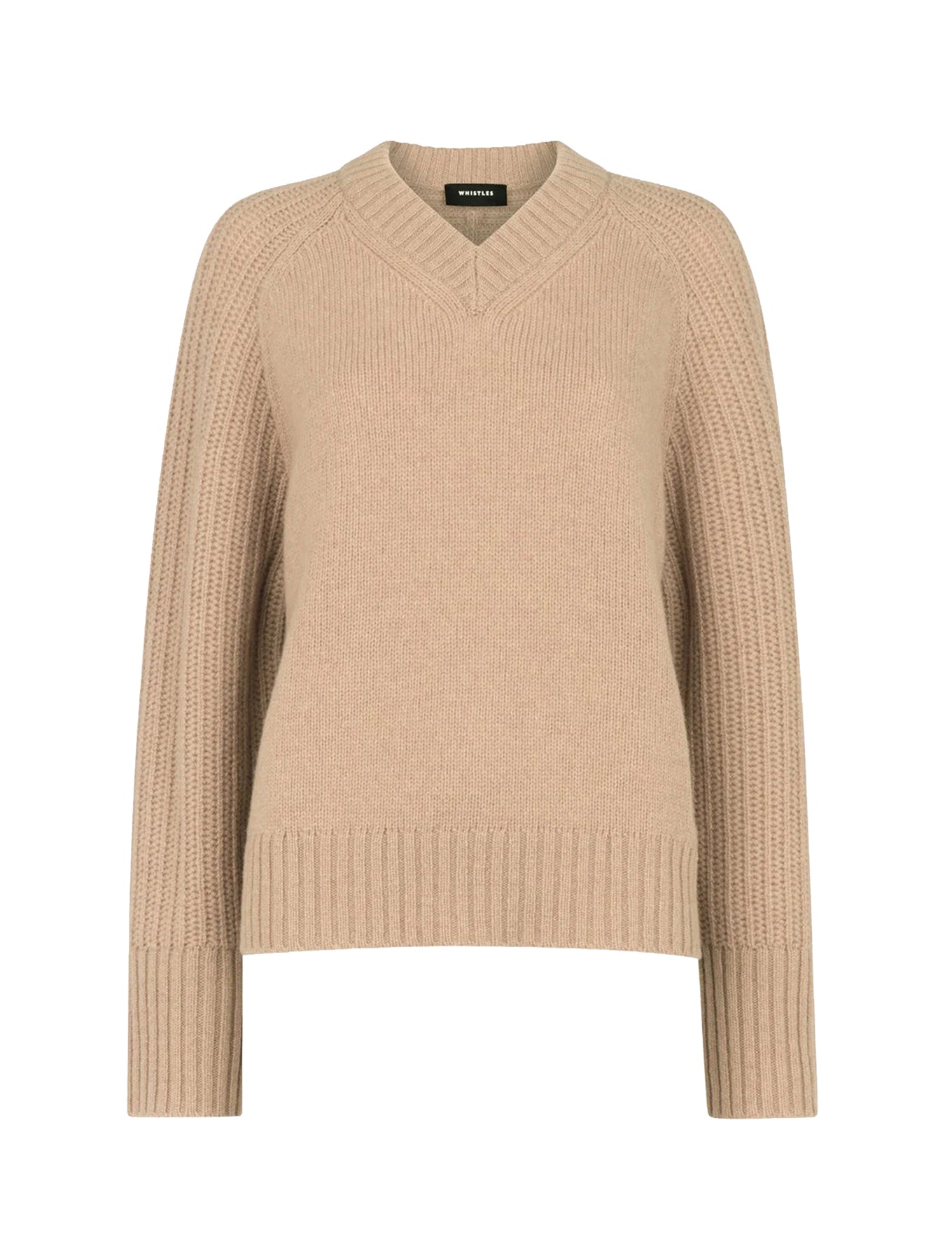 Wool Ribbed Sleeve V-Neck Knit Camel