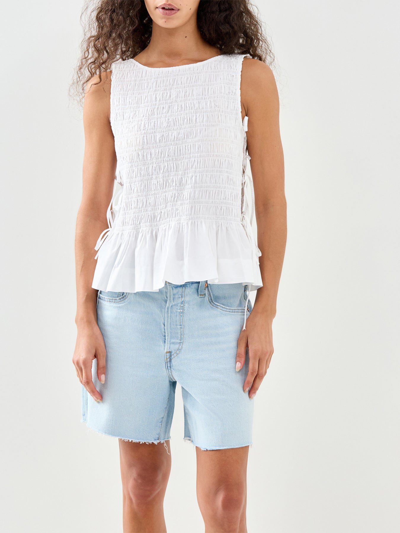 Cotton Poplin Smock Tie String Top White