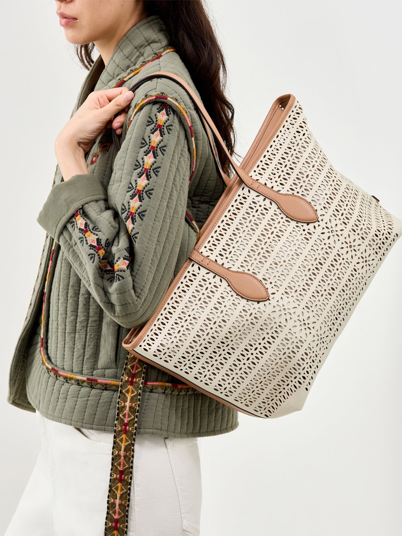 Mashup Laser Cut Leather Tote Bag Cream